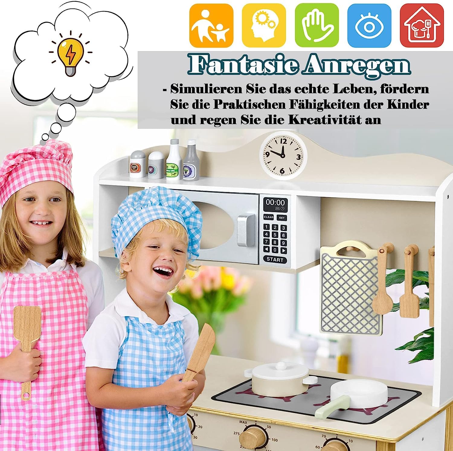 Aufun Cucina giocattolo in legno, cucina in legno con elettrodomestici da cucina inclusi 14 giocattoli accessori per cibo e pentole, giocattolo per bambini dai 3 anni in su, 68 x 26 x 78 cm