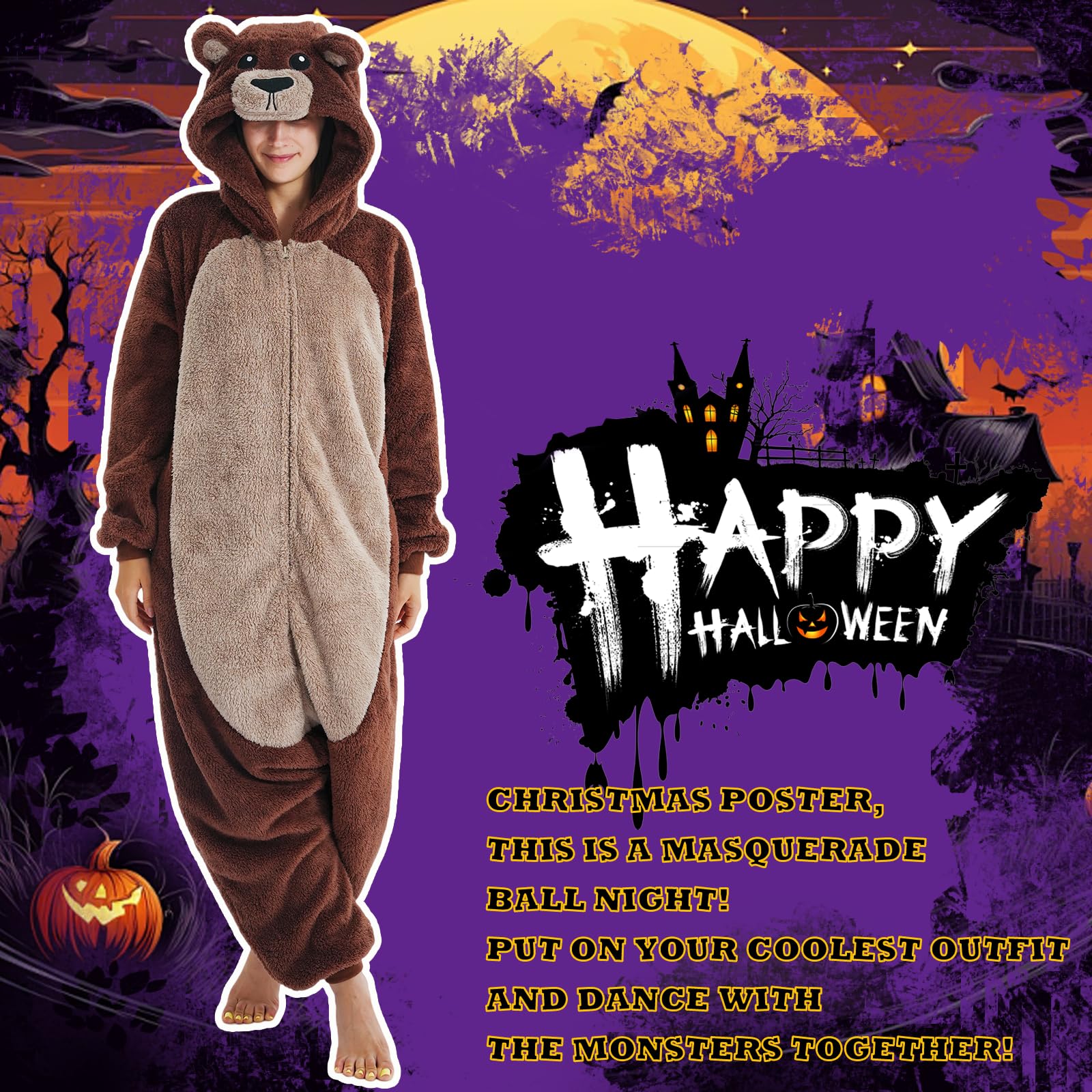 Beauty Shine Unisex Adult Onesie One Piece Pajamas Cosplay Cartoon Costume Halloween Christmas Sleepwear Jumpsuit Homewear: Small Brown Bear-1