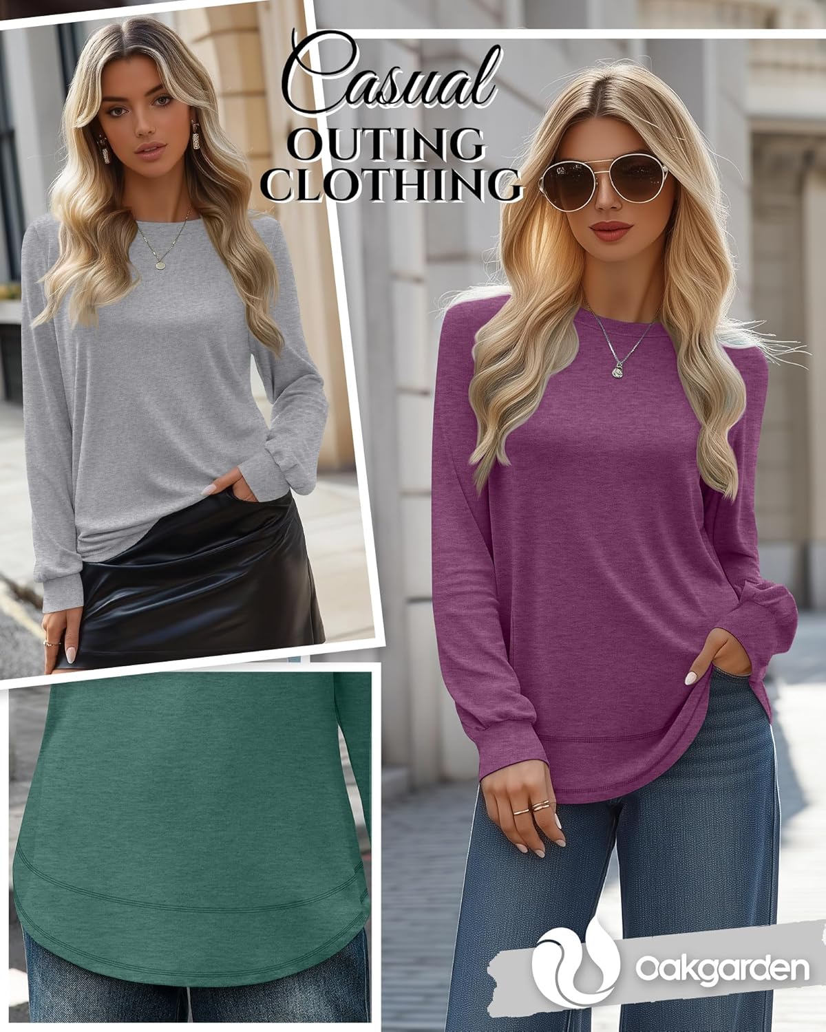 4 Pack Women's Long Sleeve Sweatshirts, Crew Neck Cotton Tees Curved Hem Tunic Pullover Shirts Knit Loose Tops - Image 2