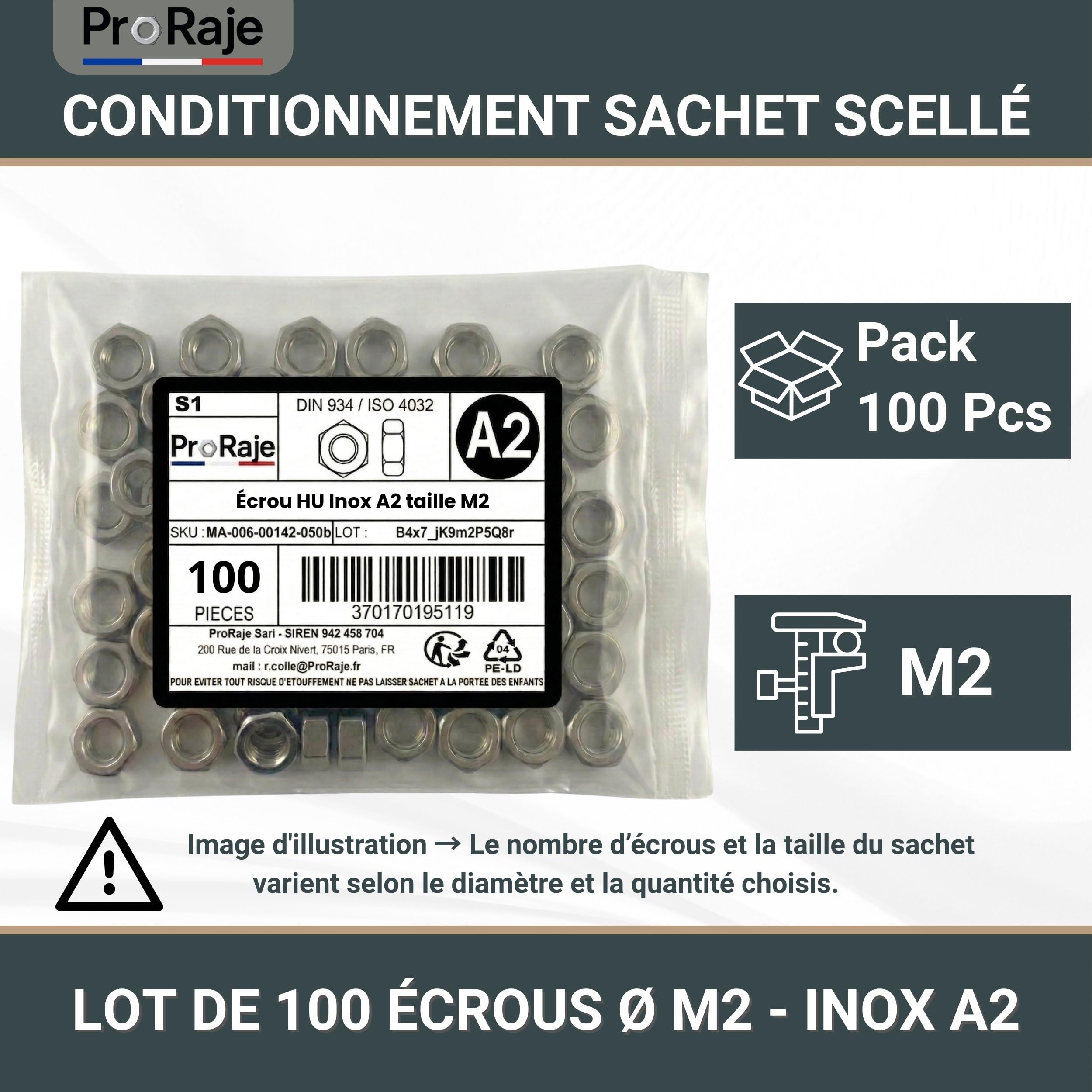 Dado in acciaio inox M2 esagonale HU in acciaio inox A2 | Dadi DIN 934/ISO 4032 | Viti in acciaio inox A2/70 (V2A/304): confezione da 100 pezzi - ProRaje