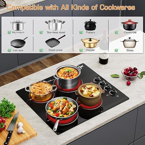 Miniatura 5 de Placa eléctrica de 24 quemadores de 24 pulgadas, enchufe de 220 V, estufa de cerámica integrada y de encimera con control de perilla y 8 niveles de