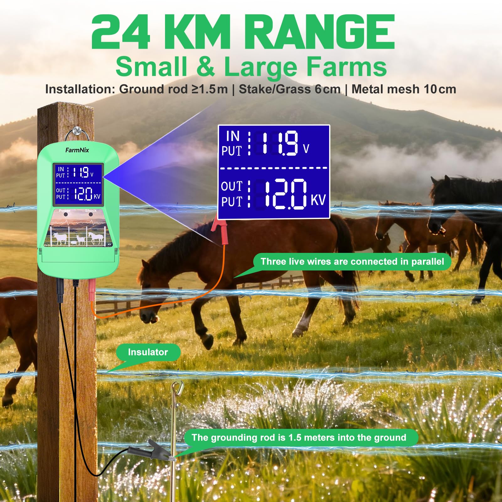 Elettrificatore per recinzione elettrica 3J 12KV, 24 KM con Display LED | Centralina per recinzione elettrica, alimentazione a rete, bovini, cavalli, pecore, capre, cinghiali