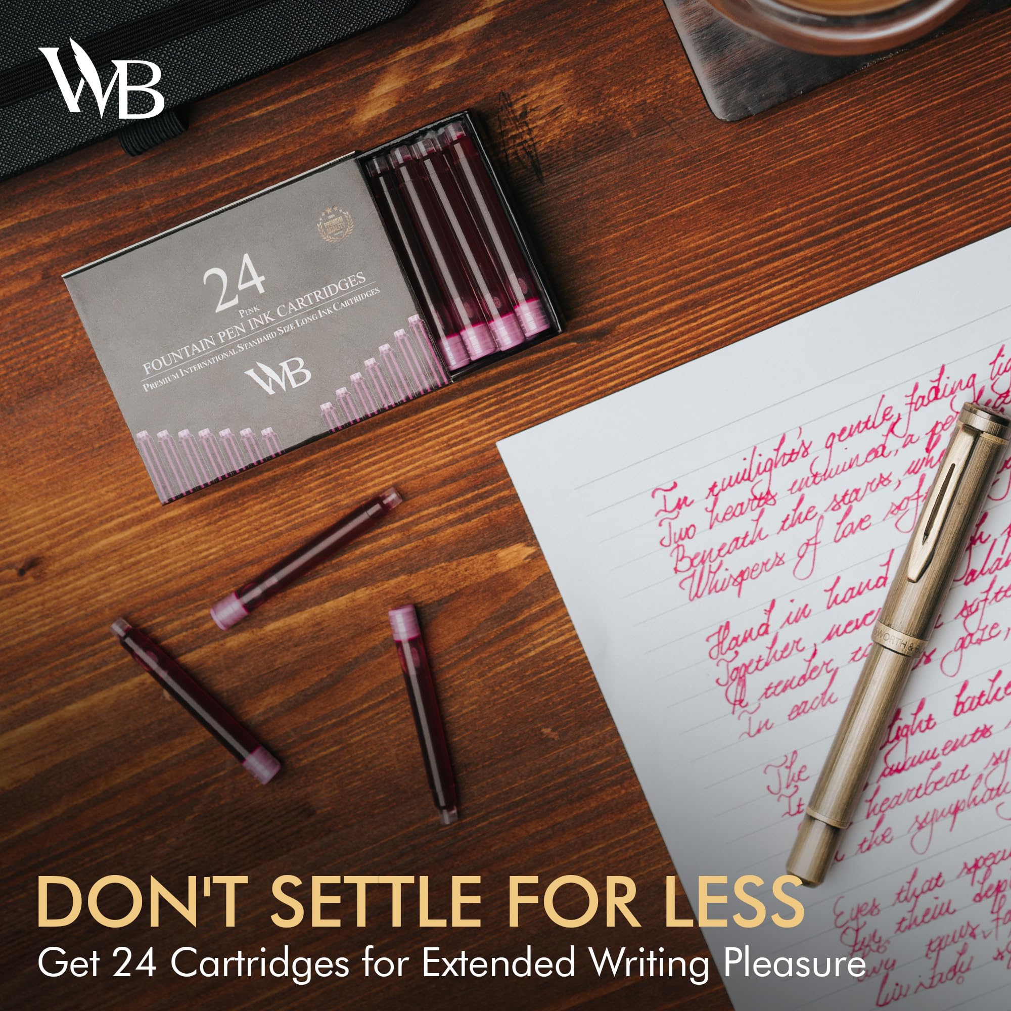 Wordsworth & Black 24 Pack Fountain Pen Ink Refills, Set of 24 Pink Ink Cartridges, International Standard Size - Image 4