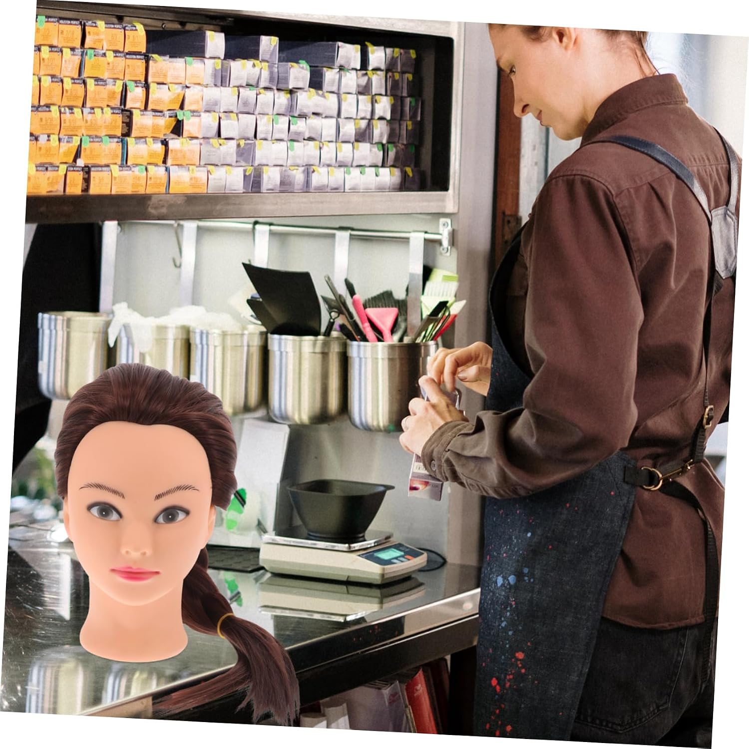 FRCOLOR Stable Mannequin Head with Long Hair for Hairdressing Practice Heat Resistant Styling Capabilities Realistic Makeup Mannequin for Braiding and Updo Techniques
