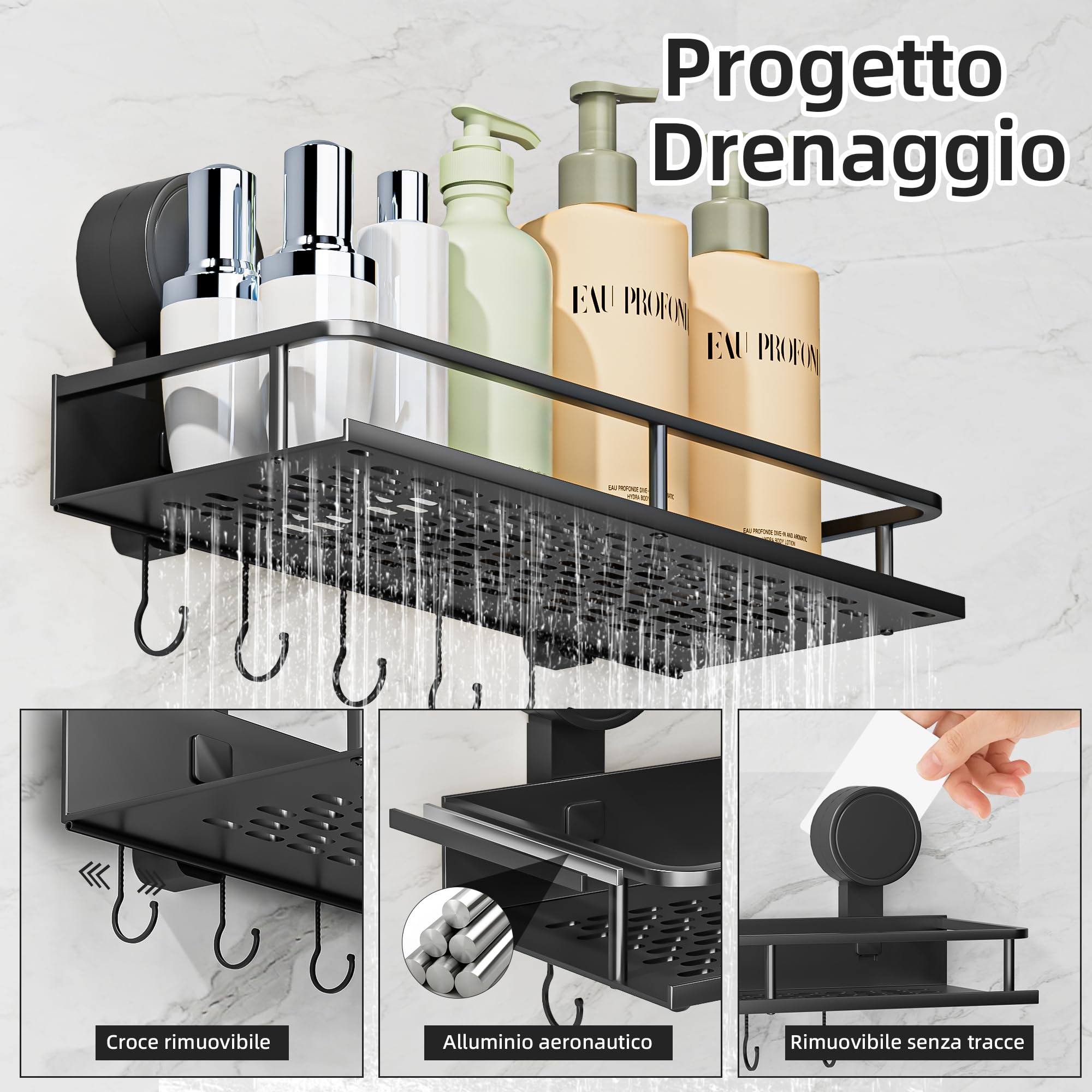 Mensola Doccia con Ventosa Senza Foratura,2 Pezzi Portaoggetti Bagno con 5 Ganci, Lmpermeabile e Antiruggine Portaoggetti Doccia, Organizer Bagno per Shampoo/Bagnoschiuma/Portasapone Doccia（nero）