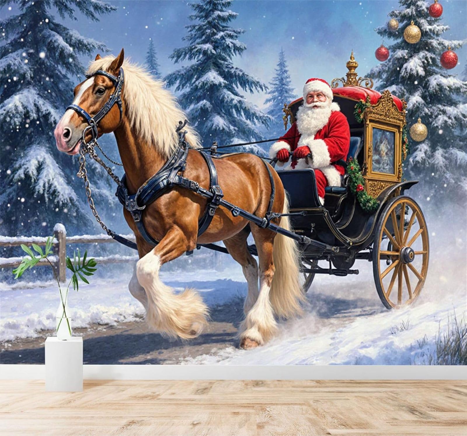 Xlming 430Cm×300Cm(B×H) Beautiful Winter Carriage Pine Trees Snowy Landscape 3D Wallpaper Silky Texture Home Study Office Grey Dining Room Sofa Bedroom Living Room Tv Backdrop-430Cm×300Cm