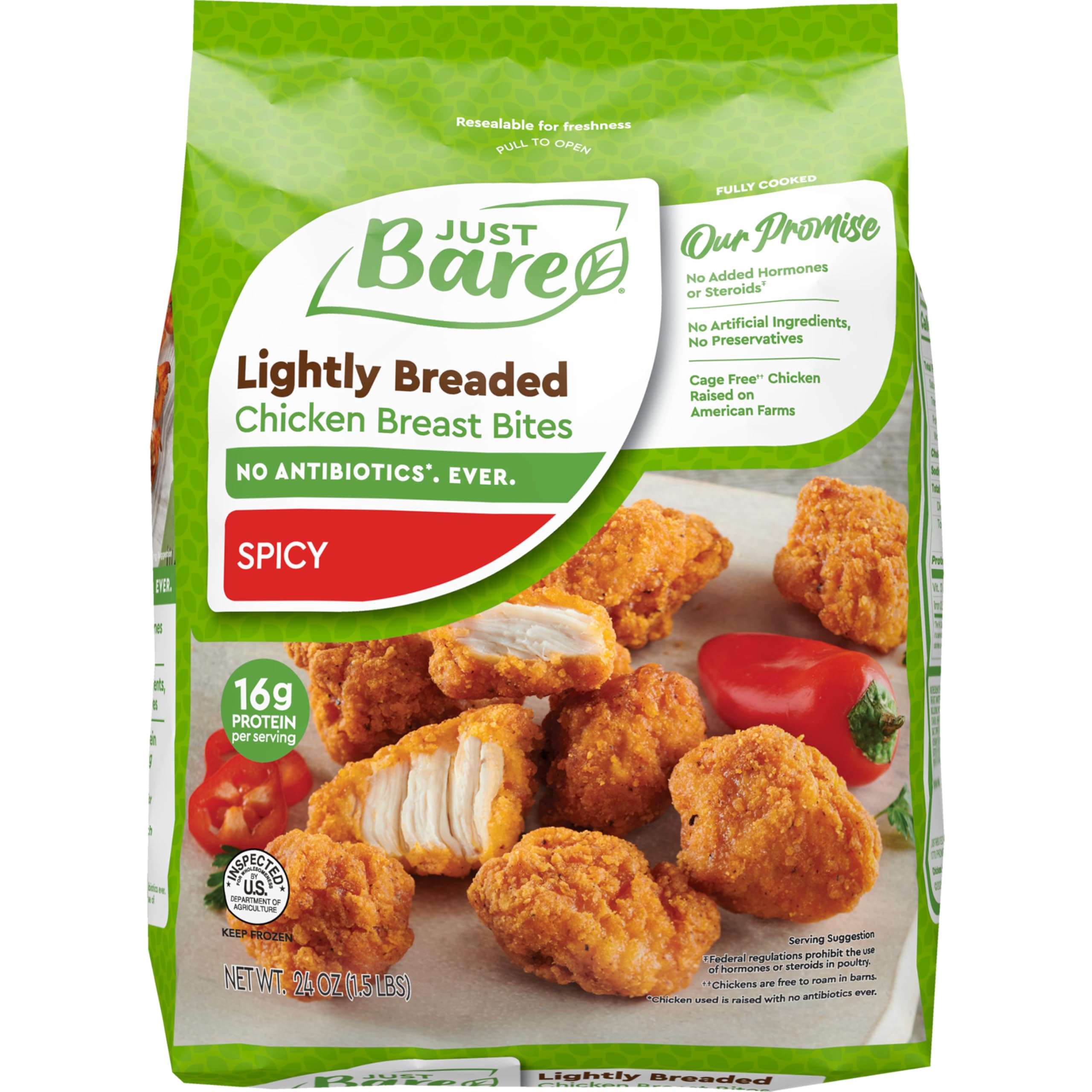 Just Bare Chicken Lightly Breaded Spicy Breast Bites Fully Cooked 16 G Protein Frozen 1 50 LB