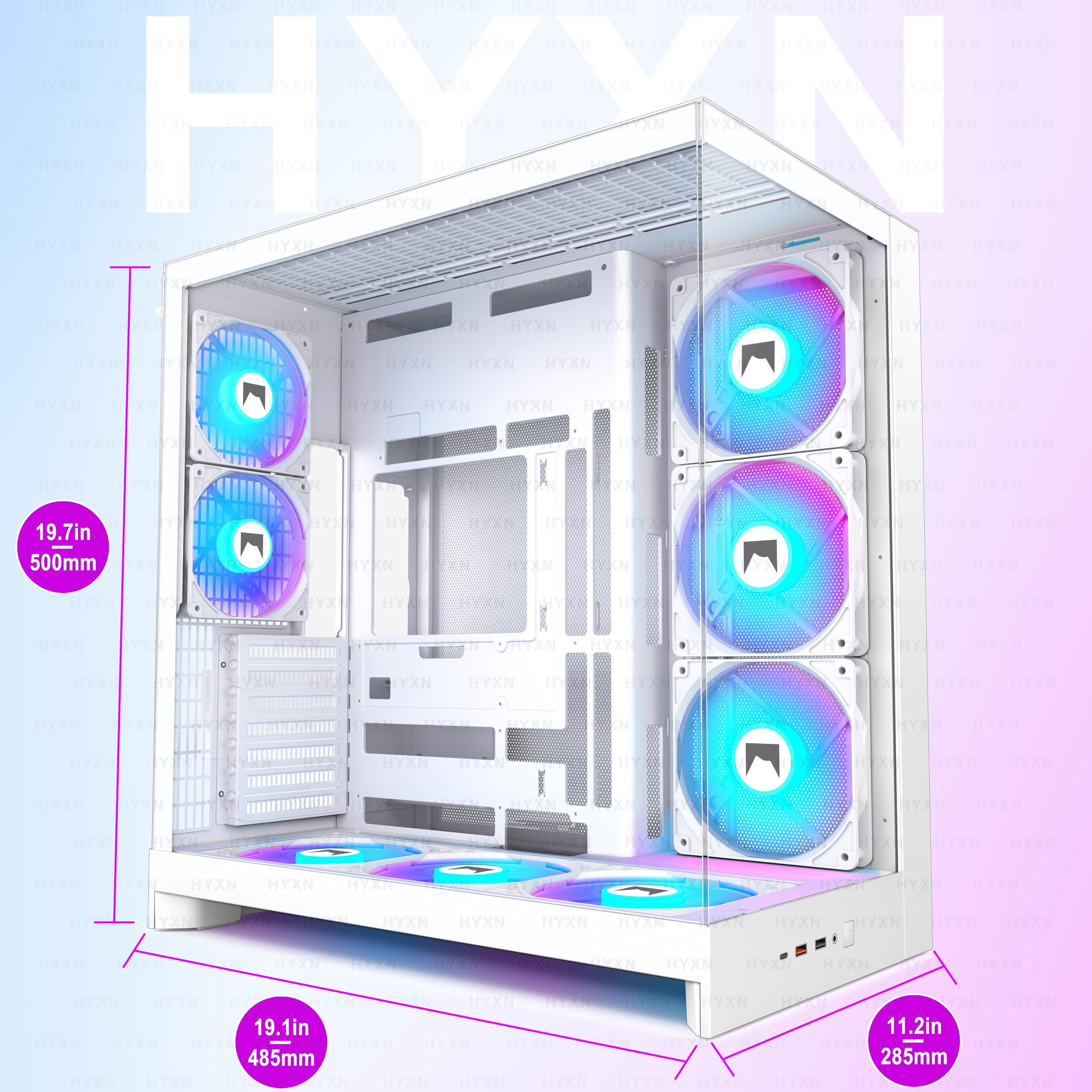 H2(2026)HYXN Boitier PC–Avec 8 Ventilateurs PWM RGB(6x140mm et 2x120mm)Grand boîtier PC ATX Mid-Tower à Double Chambre pour Flux d'air,prise en charge d'un Radiateur de 420mm,Type-C 3.2(Blanc,H2-ARGB)