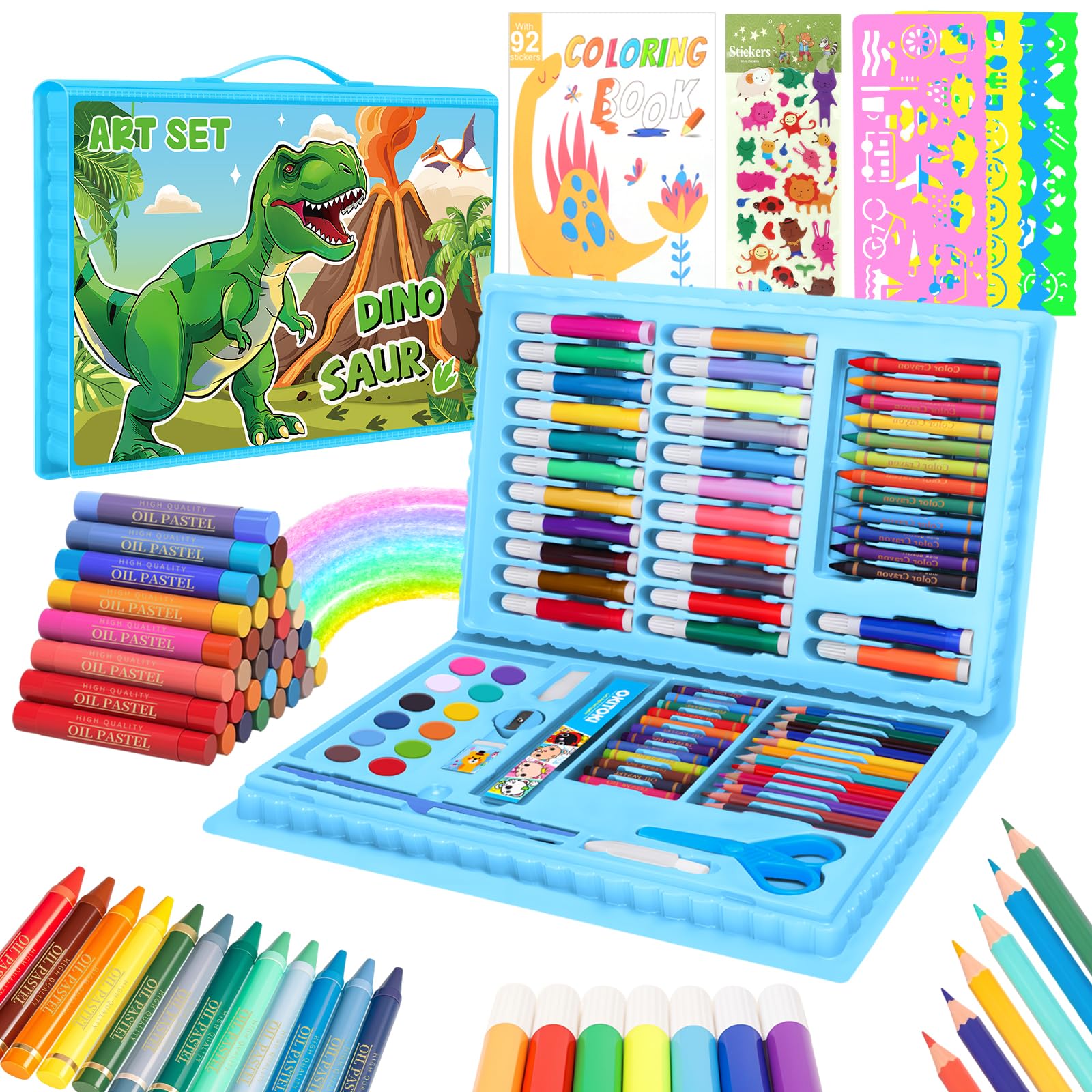 CutteeyFyry Colouring Sets for Children Age 3-9,Dinosaur Art Set for Kids, Boys Drawing Set with Oil Pastels, Crayons, Colored Pencils,Coloring Book,Kids Colouring Sets&Arts and Crafts for Kid