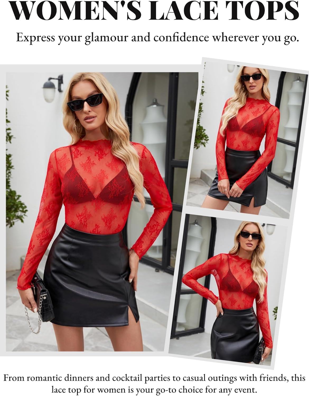 CEROROW Womens Mesh Long Sleeve Tops Mock Neck Sexy See Through Tee Shirts Party Club Night Lace Blouse - Image 4