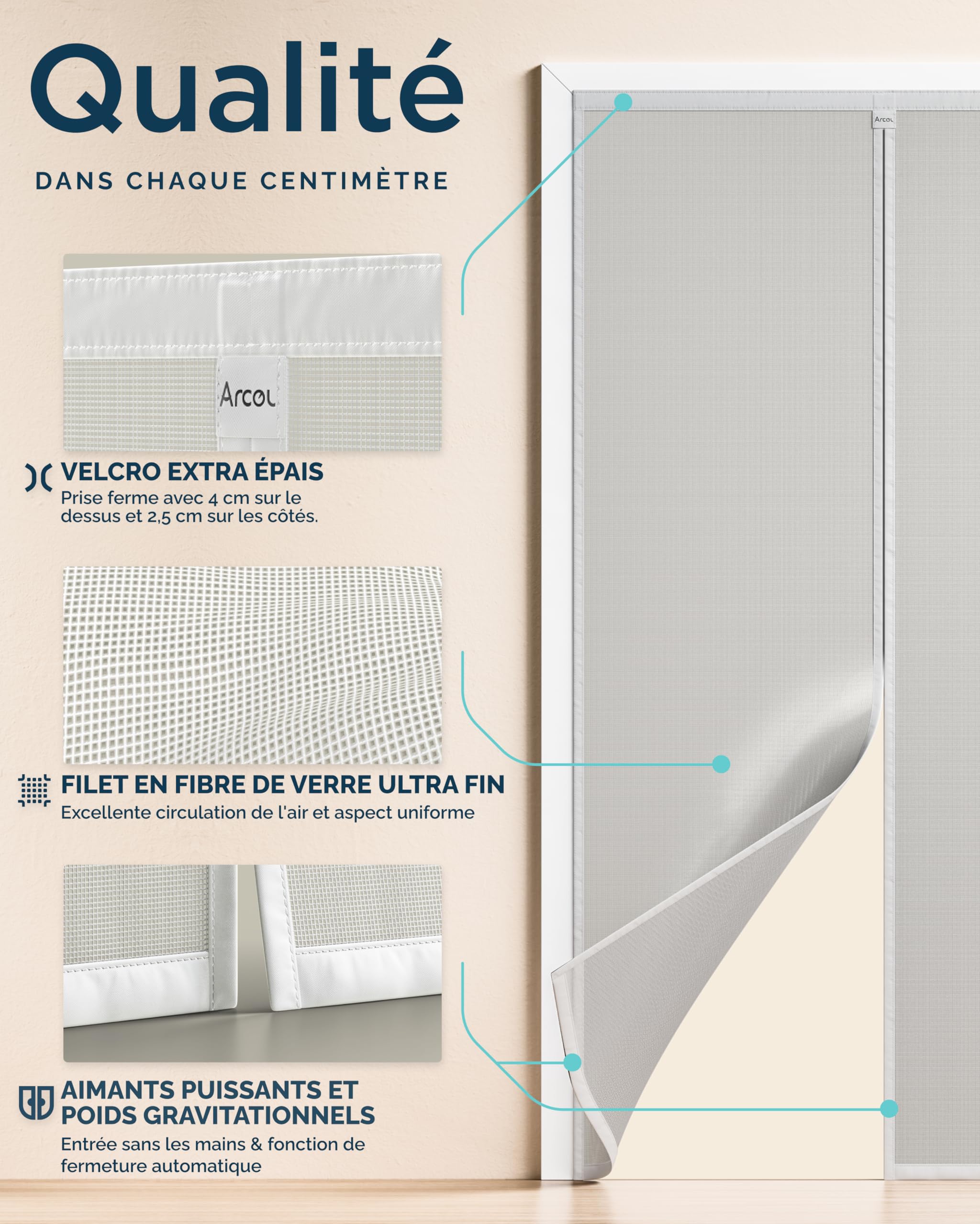 ARCOL Moustiquaire Porte Magnétique 140x220 cm en Fibre de Verre – Stop Moustiques en 3 min, Maille Ultra-Fine, Fermeture Auto Aimants & Lest, Bande Auto-Agrippante Large (Blanc)