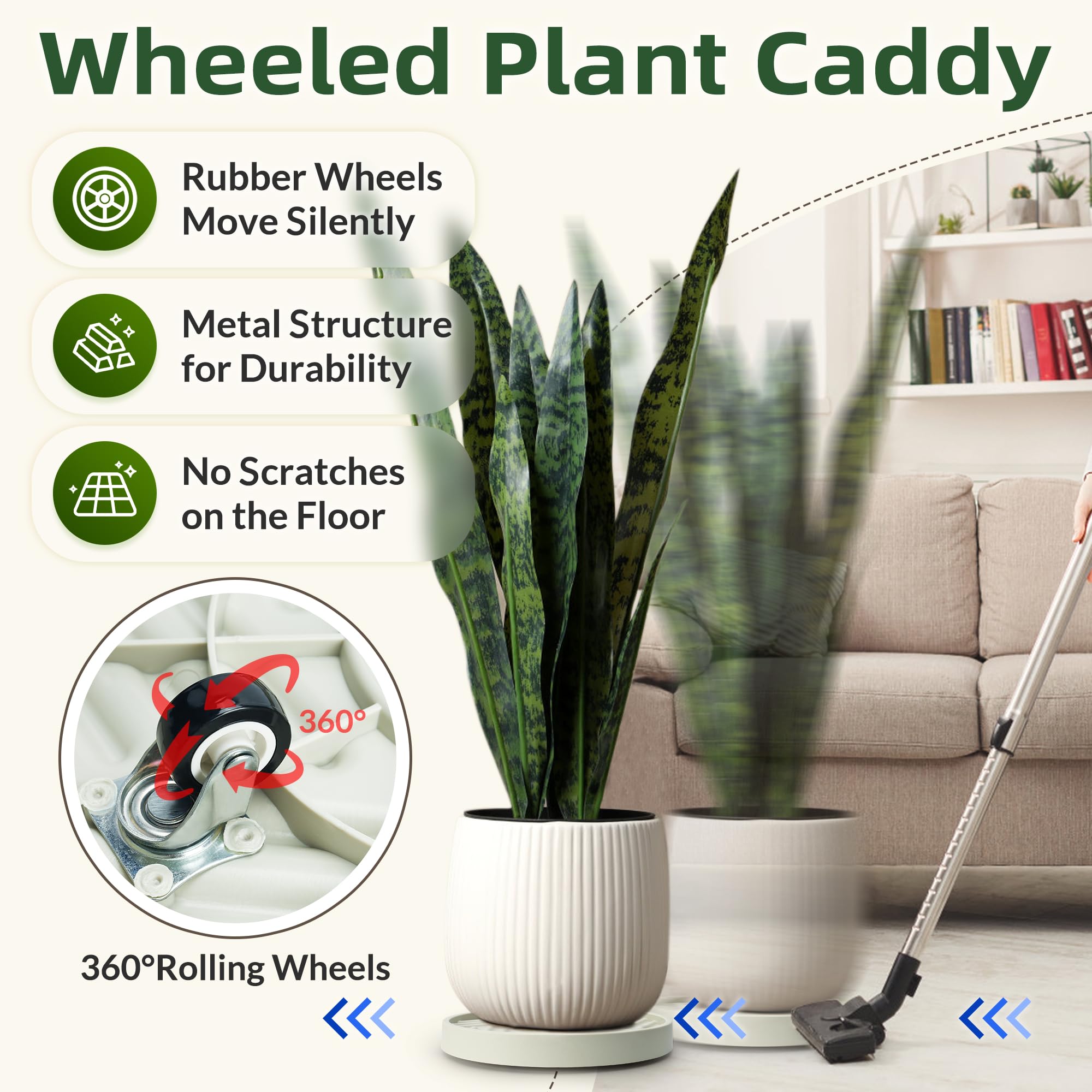 Rolling Plant Caddy - Beige, Easy Mobility -4