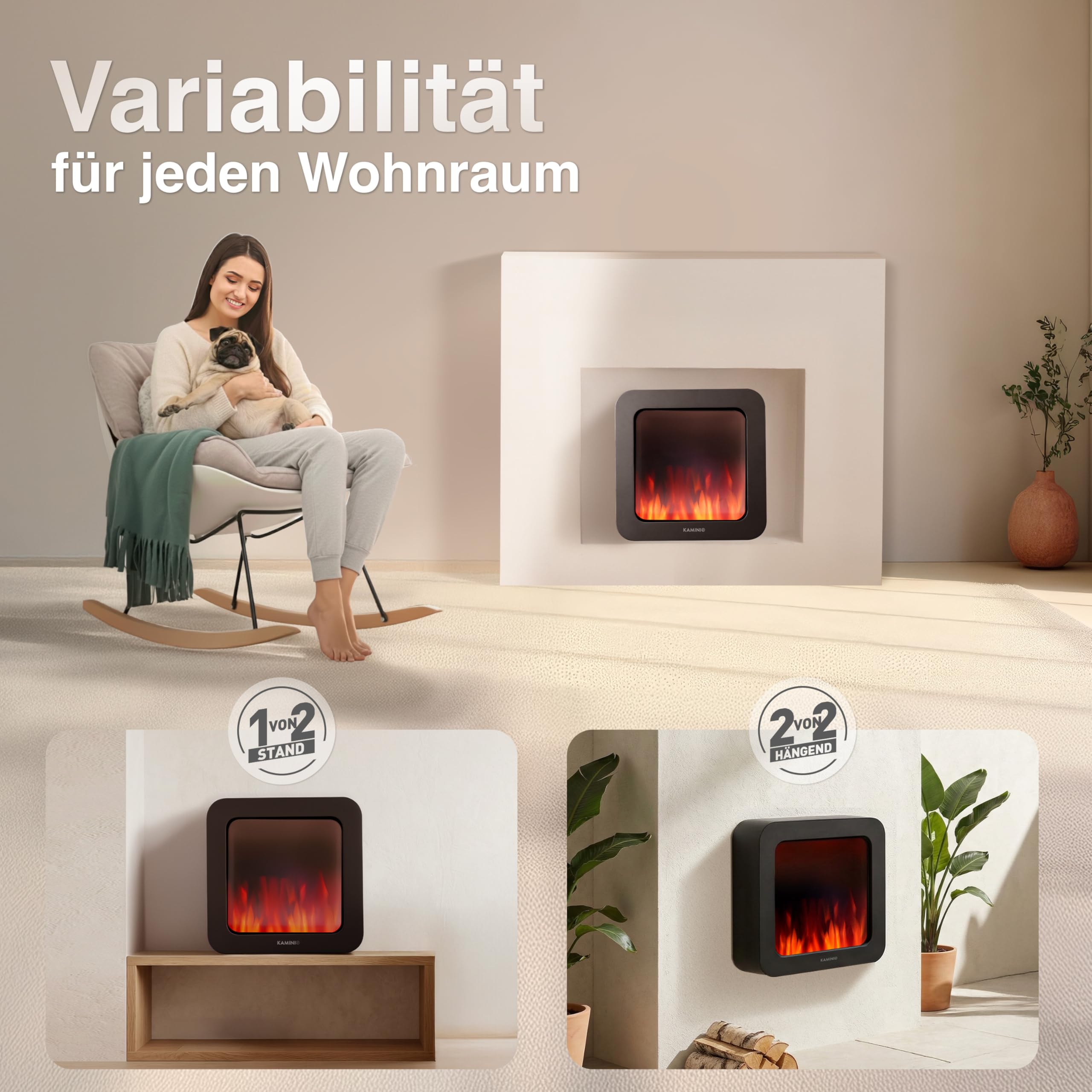 KAMINIO Elektrischer Tischkamin Mia XL - Dekoratives Elektro-Tischfeuer mit 3D-Flammeneffekt, ausdauerndem Akku für Portable Nutzung (Schwarz, 16"/40cm)