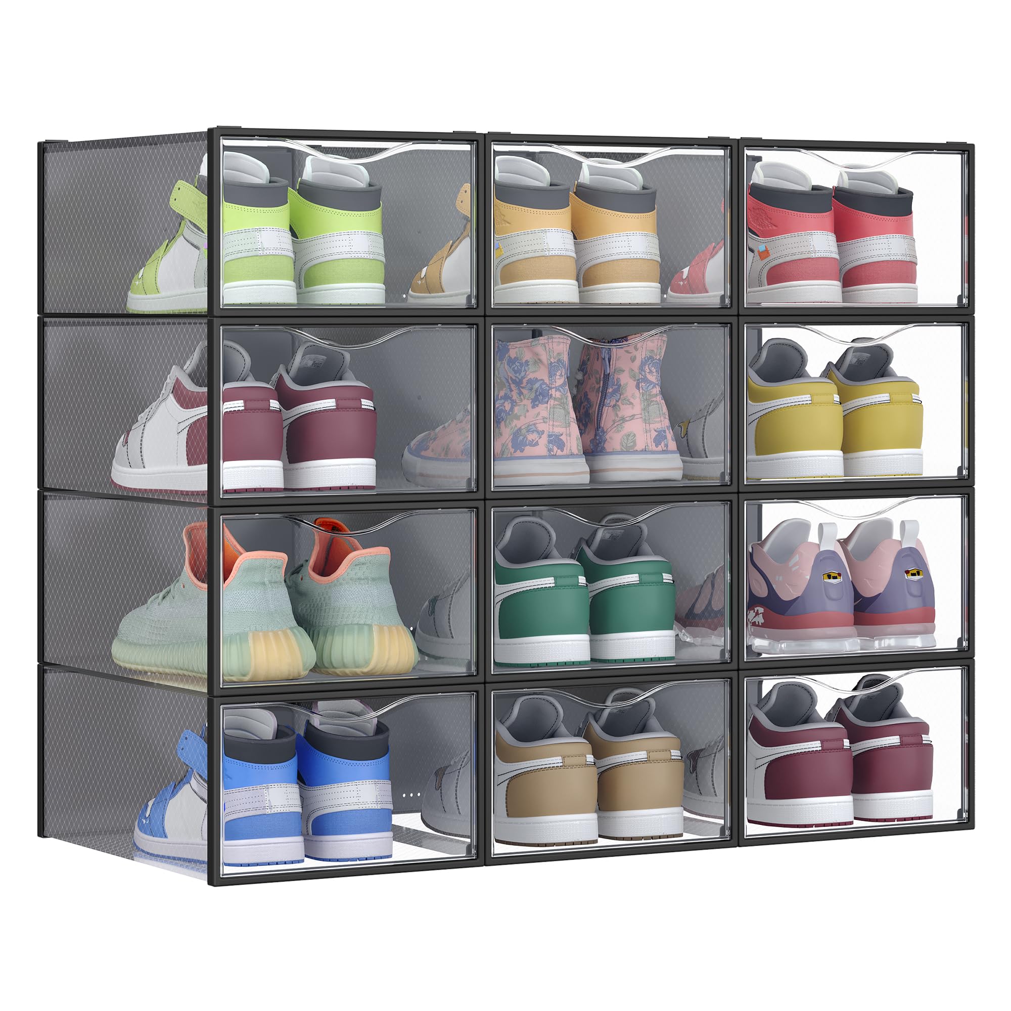 SONGMICS Schuhboxen, Schuh-Organizer aus Kunststoff, mit Tür, durchsichtig, 12er Set, stapelbar, einfache Montage, 33,2 x 23 x 14,5 cm, für Schuhe bis Größe 43, transparent-tintenschwarz LSP312B01