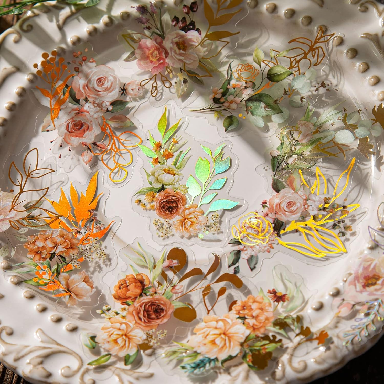 Dizdkizd Juego de calcomanías holográficas de flores y hojas, 240 calcomanías botánicas doradas para álbumes de recortes, pequeñas calcomanías florales transparentes para diario, planificador, álbum