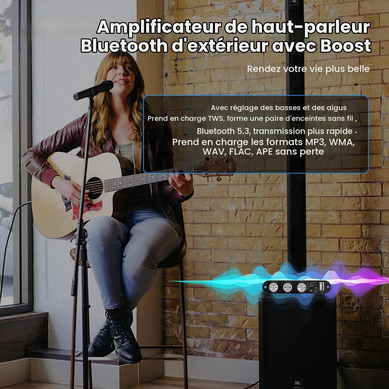 ZK-1001U Amplificateur audio mono Bluetooth 5.3 avec stéréo Hi-Fi, technologie TWS et circuit Boost – 100 W de puissance de sortie – Mini-amplificateur pour enceintes DIY d'intérieur et d'extérieur –