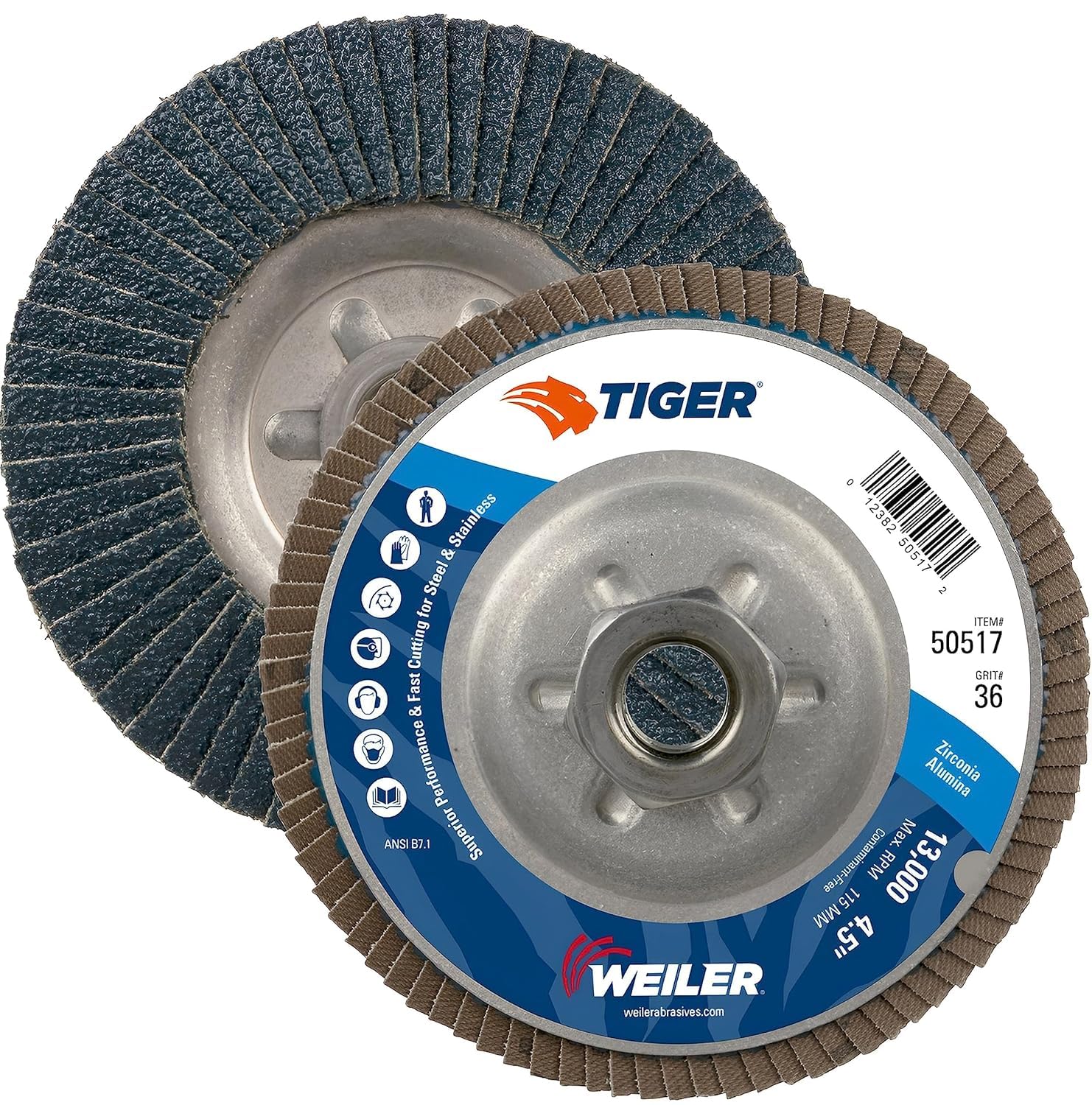 Weiler 50517 Tiger Abrasive Flap Disc, Type 29, Threaded Hole, Aluminum Backing, Zirconia Alumina, 4-1/2