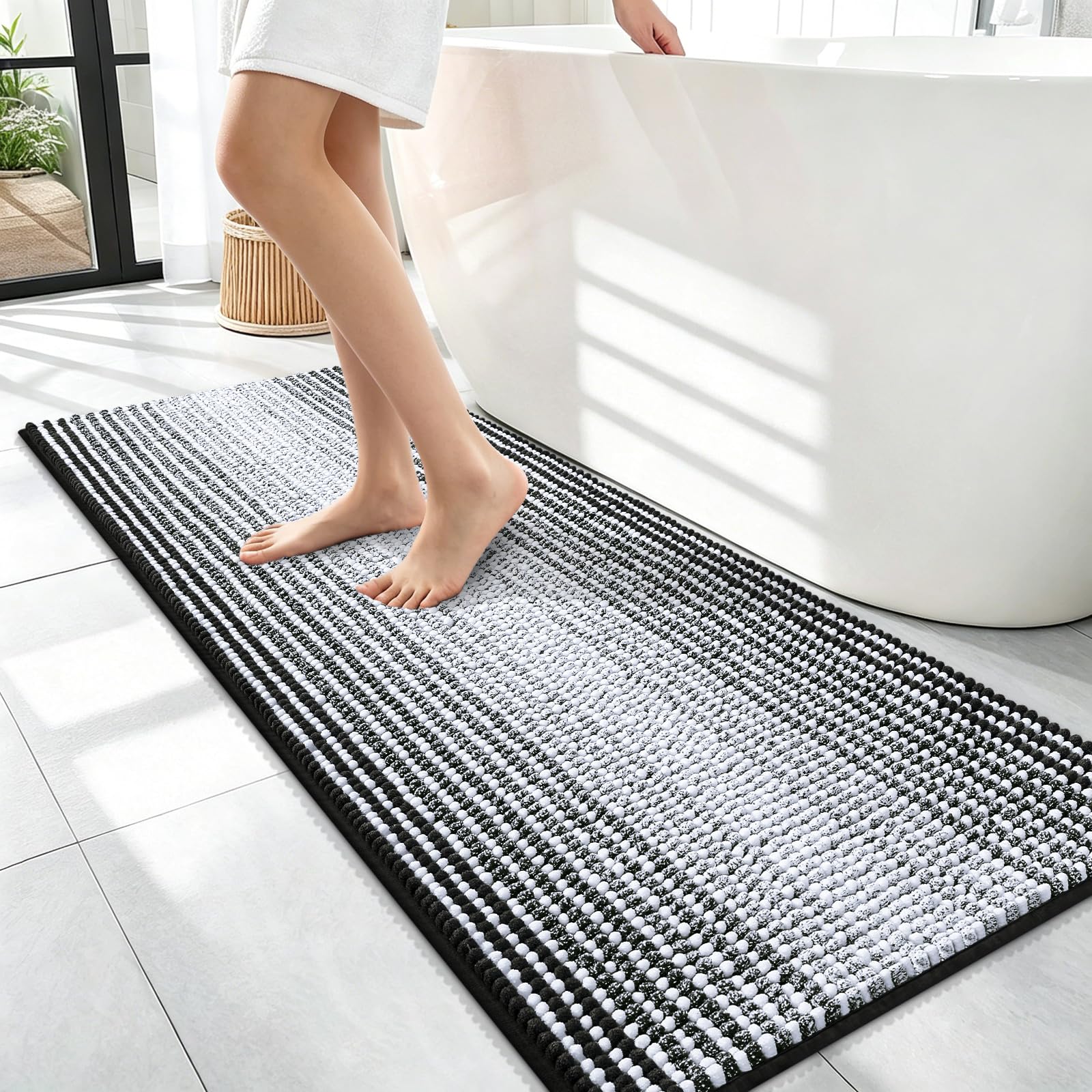 OLANLY Bathroom Runner Rugs 47x17, Soft Chenille Striped Bath Rugs, Black