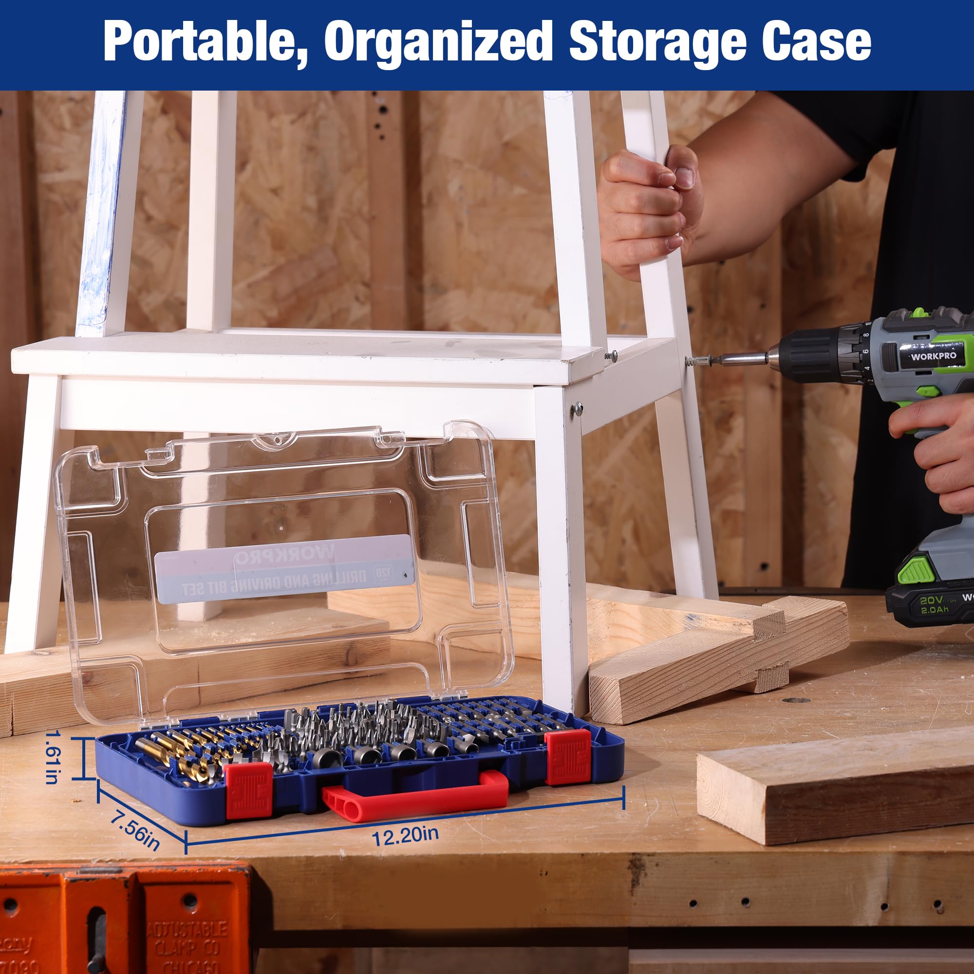 WORKPRO Set di punte per trapano, 120 pezzi, set di punte per avvitatore a percussione e set di punte per avvitamento e foratura di legno e metallo, con custodia, gambo esagonale da 1/4"