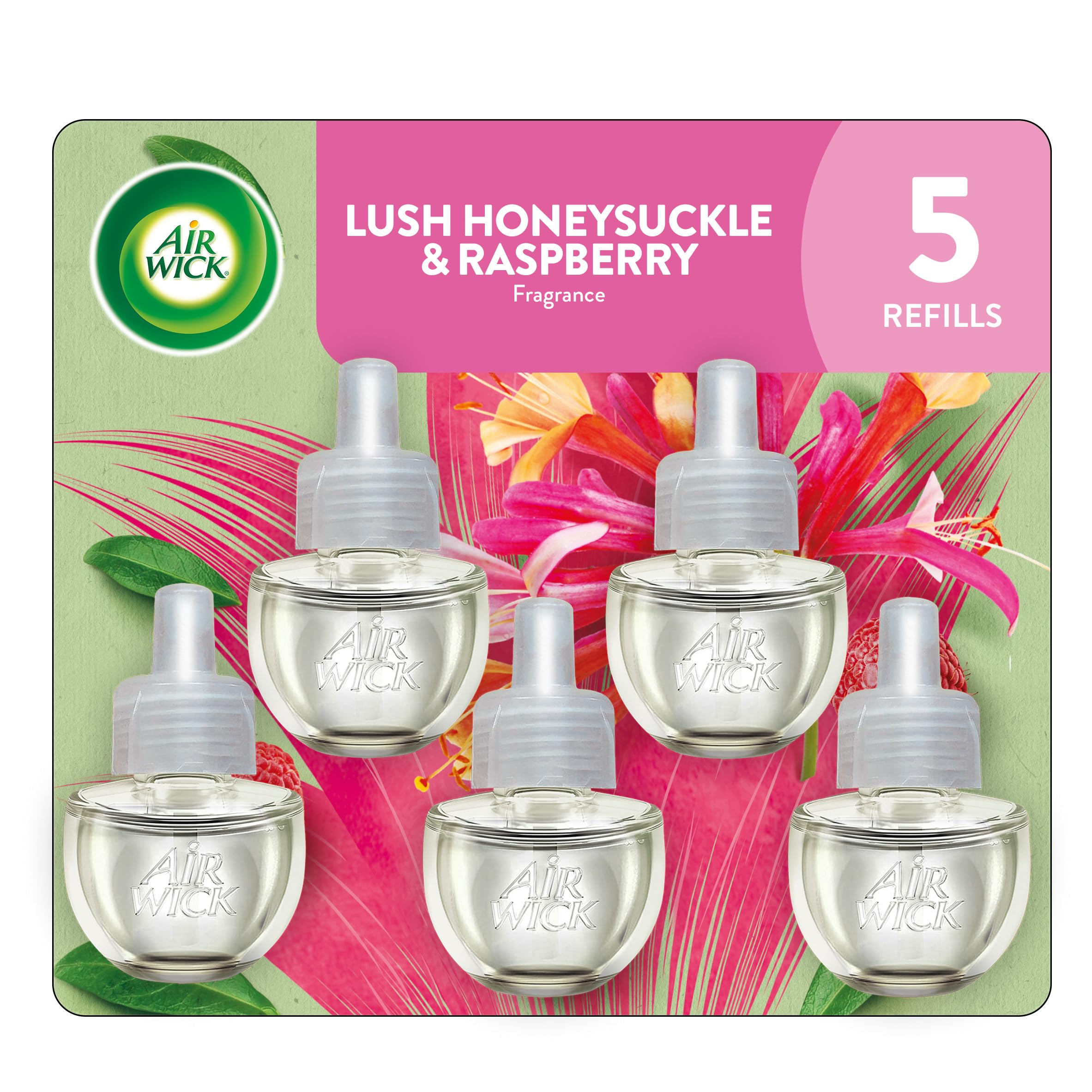 Air Wick Plug in Scented Oil Refill Freshener Essential Oils, Lush Honeysuckle & Raspberry, Lush Honeysuckle and Raspberry, 5 Count