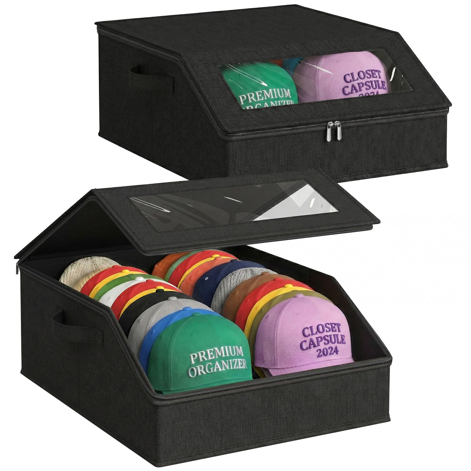 AURIVISTA 2 Pack Hat Storage for Baseball Caps-Holds Up to 48 Caps, Hat Organizer for Closet, Bedroom, Stackable Storage with Clear Window Lid, Flip-Top Access, Wide Hat Box with Cardboard (Black)