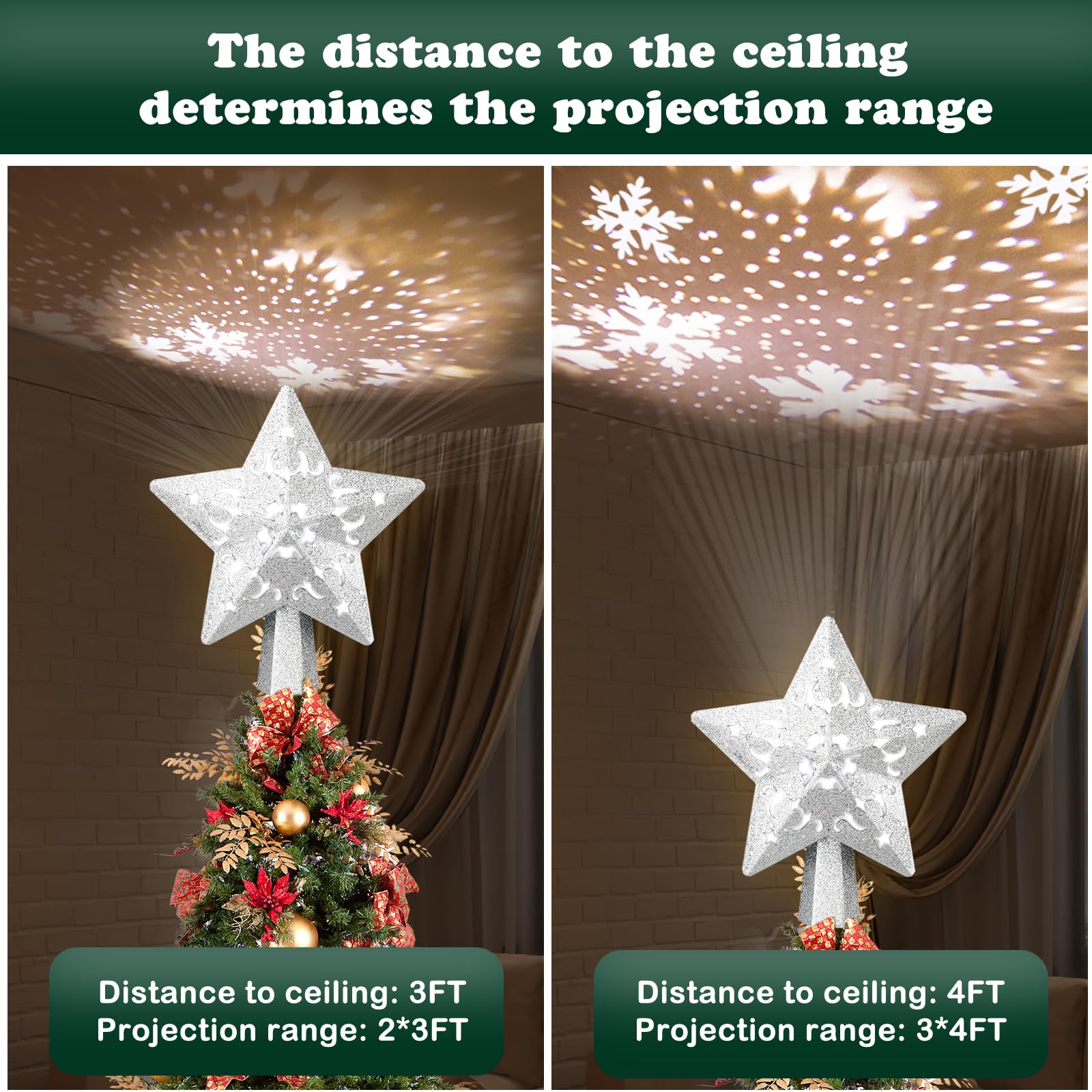 Proyector de decoración para árbol de Navidad, estrella LED iluminada, proyector de estrella plateada con purpurina con proyección de Navidad giratoria de copo de nieve para decoración de árbol de