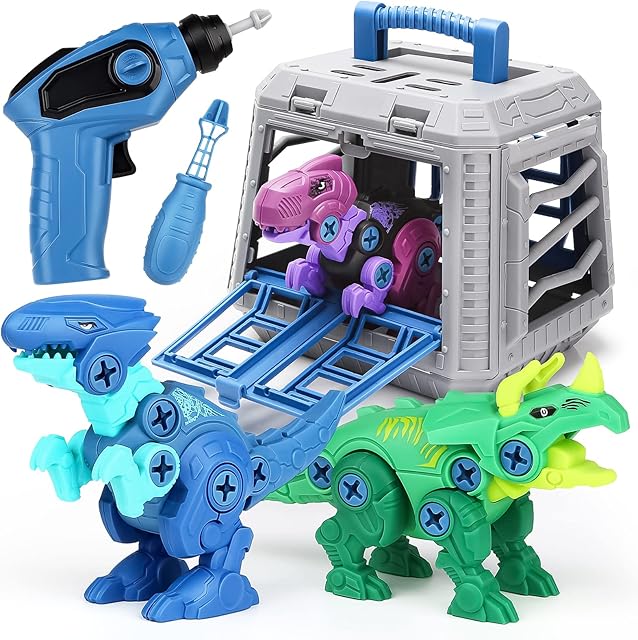 Dreamon Take Apart Dinosaur Toys with Cage Electric Drill, Dinosaur Toys for Boys Girls STEM Construction Building Dinosaur Gift for Kids