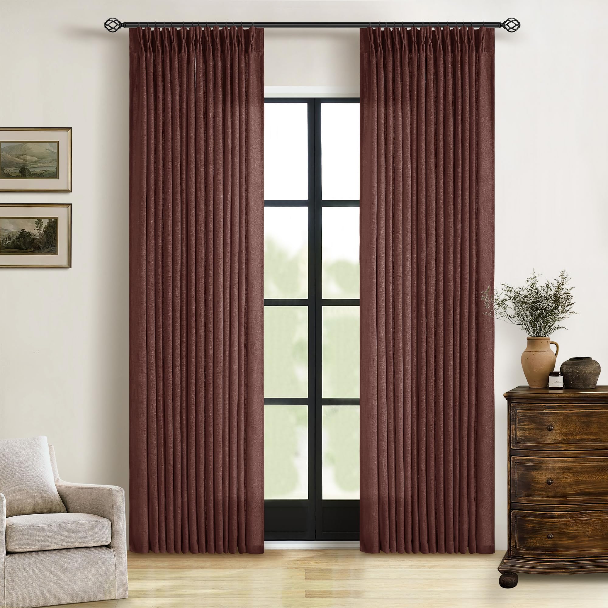 Chestnut Brown 84 Inch Pinch Semi Sheer Pleated Linen Curtains 2 Panel Set