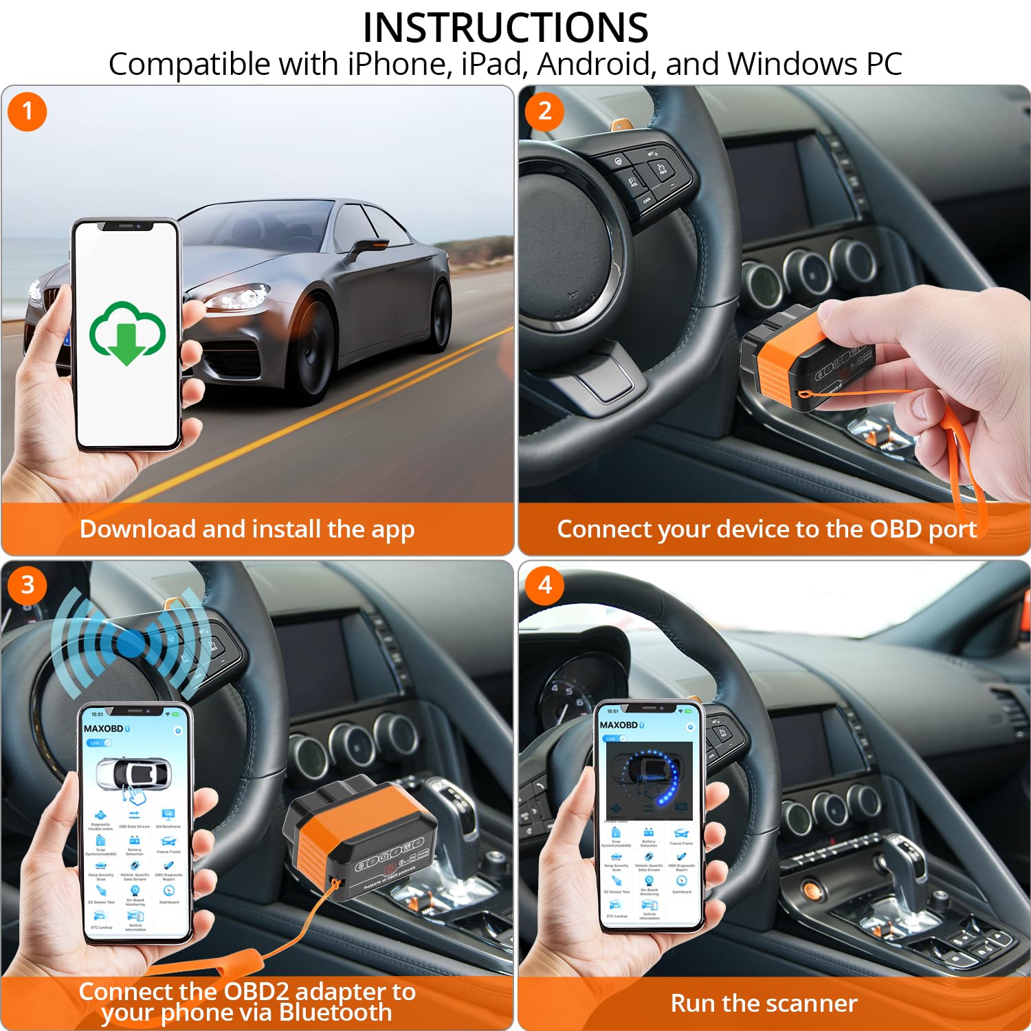 QWORK OBD2 Diagnostyka, OBD2 bezprzewodowy czytnik kodów Bluetooth 5.2 i skaner diagnostyczny do samochodu, czytnik kodów usterek silnika, dla wszystkich pojazdów OBDII