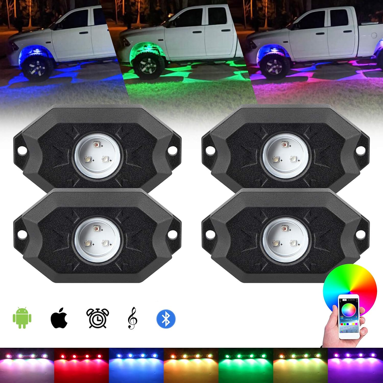 4 Pods LED Rock Light Kits with Bluetooth Control,Timing Function,Music Mode Multicolor Neon LED Light Kit for Truck Car ATV UTV (4 Pods)