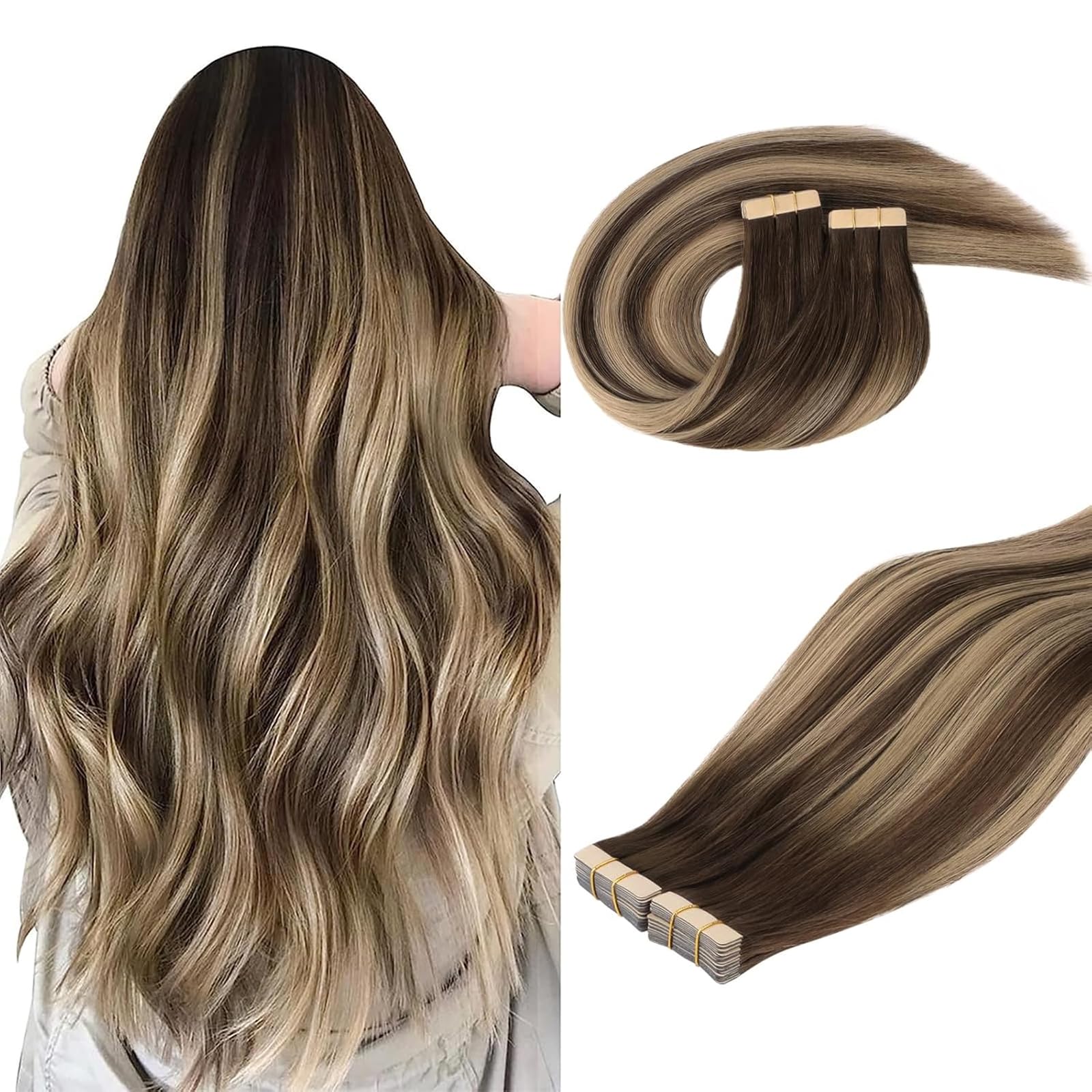 DOORES Tape Extensions Echthaar Hair Extensions Tape in Full Thick Ends Haarteil für unsichtbare Remy Haar Natural Hair