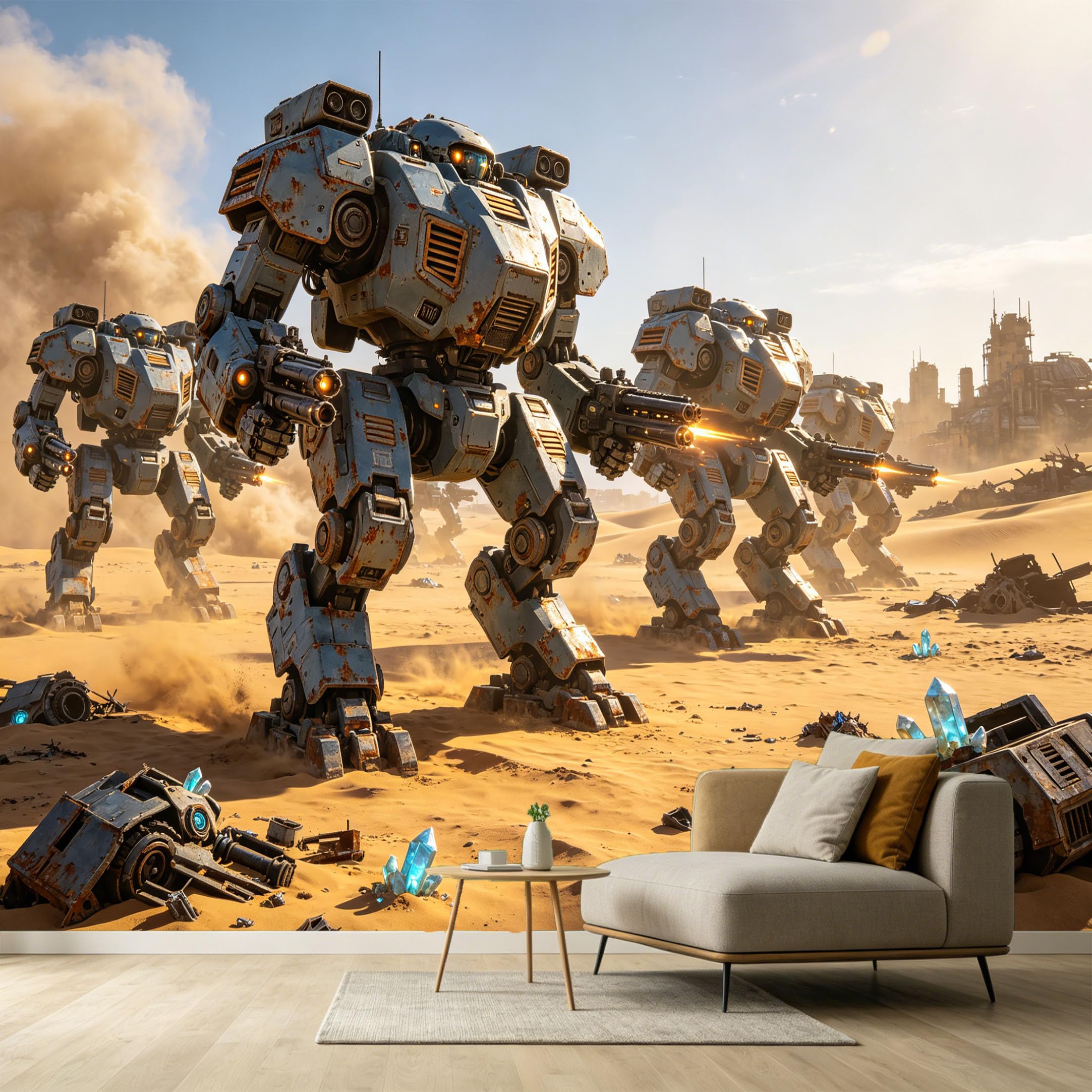 Custom Size Wall Murals SciFi Mecha Battle Modern Industrial 3D Trompe L'Oeil Desert War Scene SelfAdhesive Wall Fabric Removable Large Wallpaper for Photo Living Room