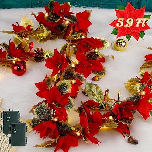 Glintoper Paquete de 2 guirnaldas de Pascua de Navidad, guirnaldas artificiales iluminadas de 5.9 pies con 36 flores rojas, funciona con pilas con