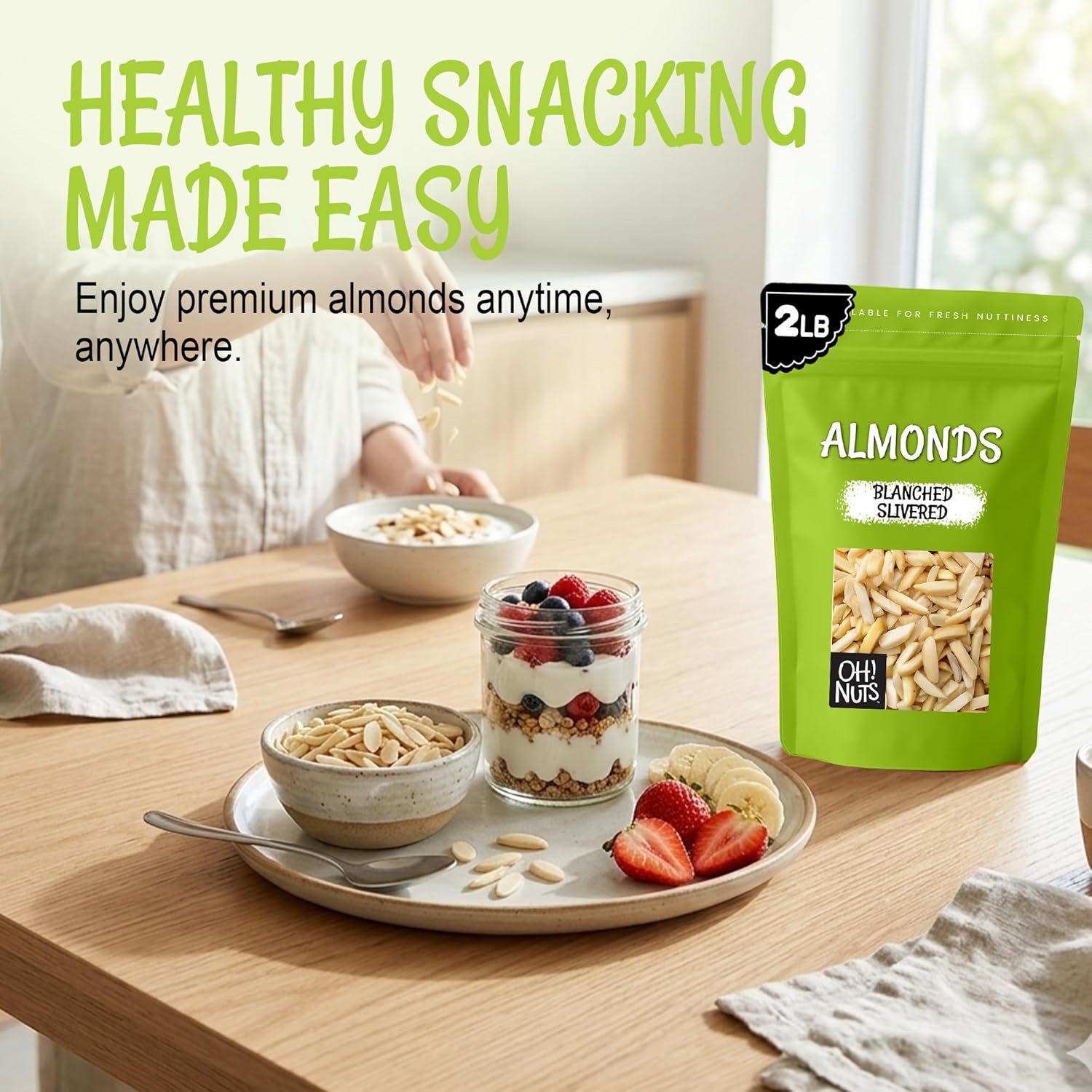 Oh! Nuts Almonds Blanched Slivered - Raw - 100% Natural - 2 lb - High-Protein Almond - Packed in New York Zip-Seal Bag for Exceptional Freshness