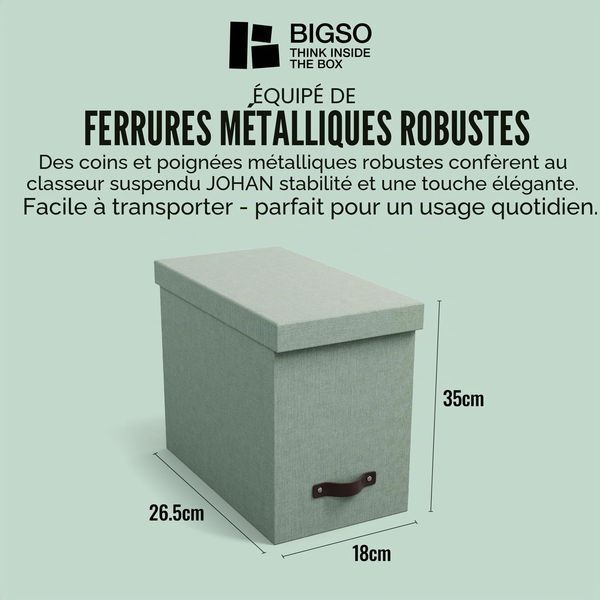 Bigso Box of Sweden JOHAN Boîte de classement suspendue avec couvercle - Boîte d'archivage élégante avec 8 dossiers suspendus - Boîte de dossiers suspendus en panneau de fibres et papier aspect lin