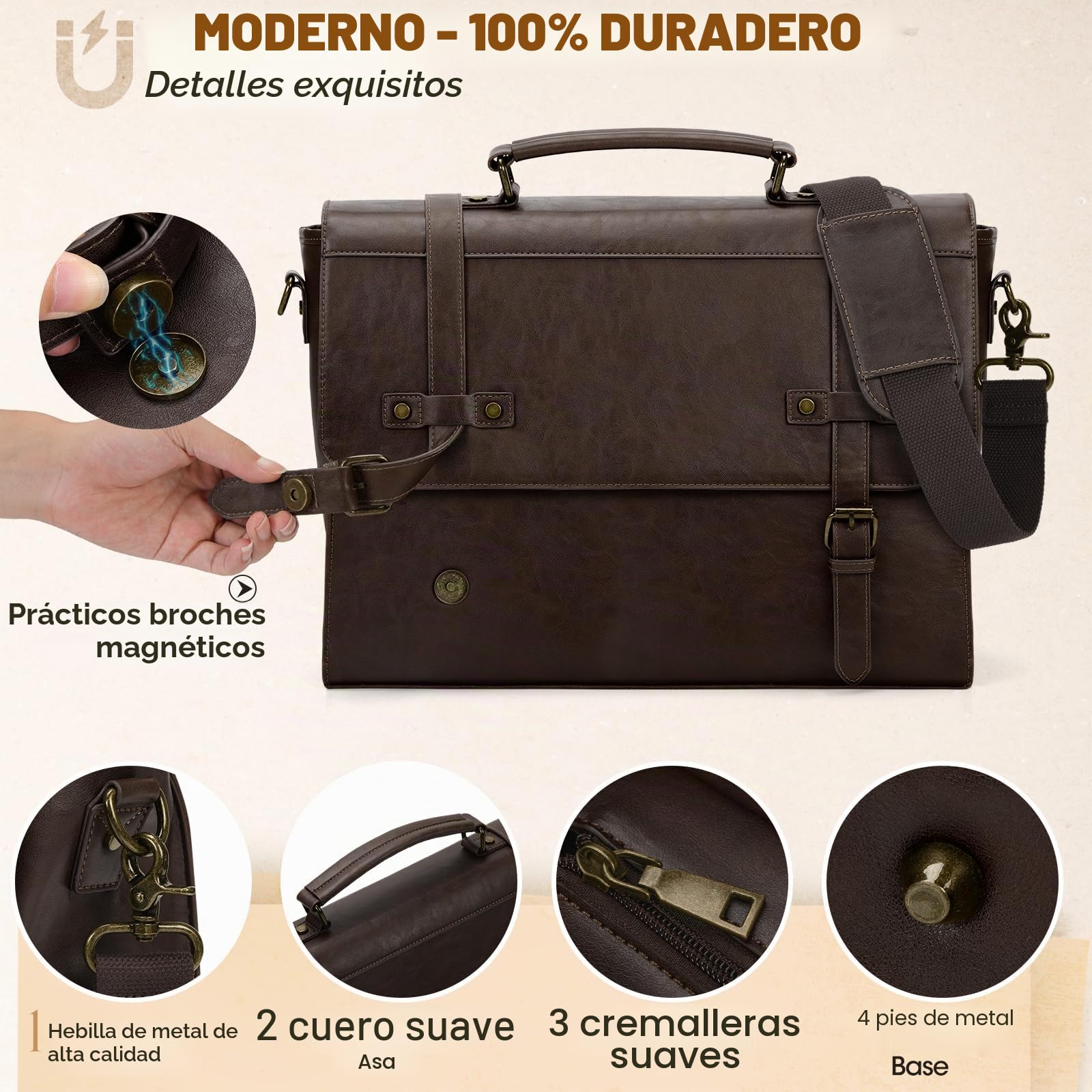 RAINSMORE Bolso Hombre Bandolera Maletin Portatil 17,3 Pulgadas Maletín Ordenado Cuero PU Bolsa de Mensajero Impermeable Maletín de Trabajo Ejecutivo Negocios Café