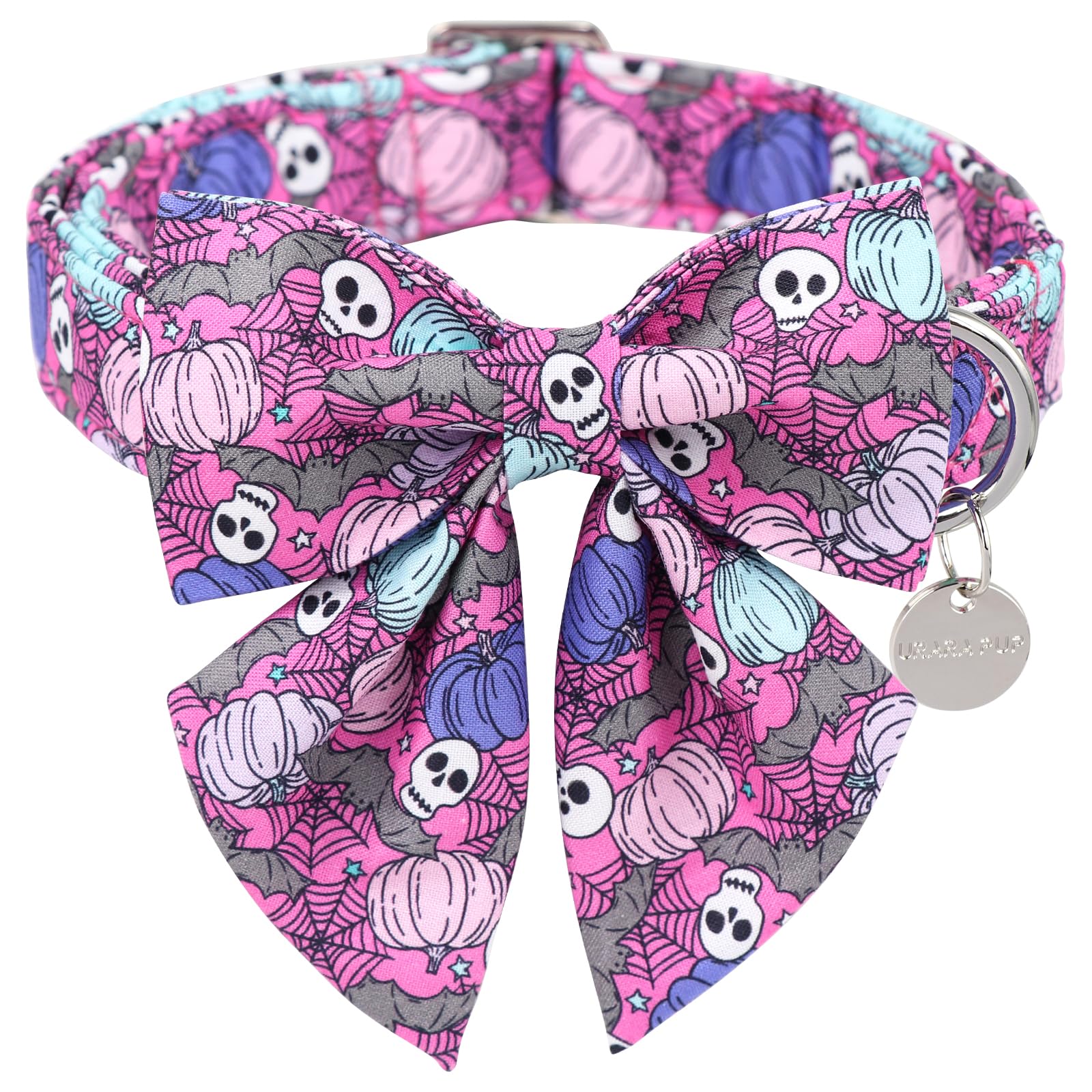 UP URARA PUP Halloween Dog Collar with Bow Tie, Pumpkin Cotton Bowtie Collar for Puppy Girl Dog or Cat, Halloween Bow Tie Collar with Durable Metal Buckle, Adorable Pet Collar, L, Neck 16-24in