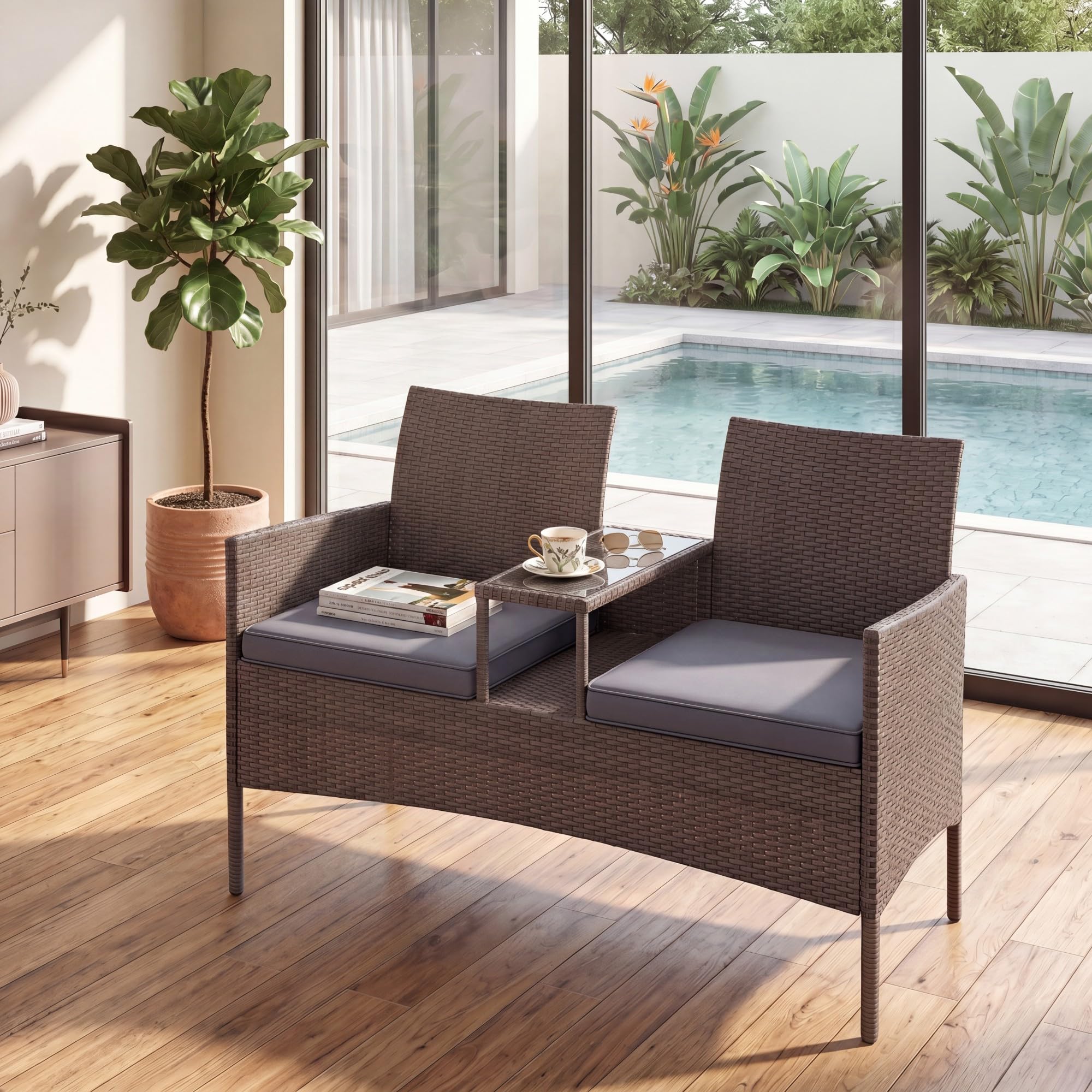 SOARS Panchina da Giardino 2 Posti, Divanetto da Esterno in Rattan con Tavolino in Vetro Temperato Integrato e Cuscini Rimovibili, Salotto da Giardino Esterno per Balcone e Piscina, 124 X 62 X 84 CM
