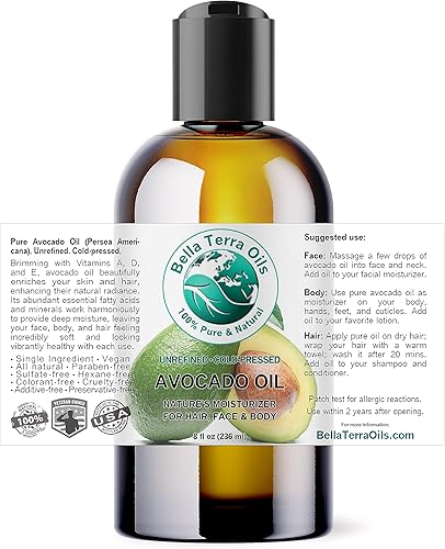 Miniatura 2 de Bella Terra Oils - Aceite de aguacate 8 oz - Excelencia prensada en frío, rebosante de ácido oleico y vitaminas B, complemento ideal para regímenes