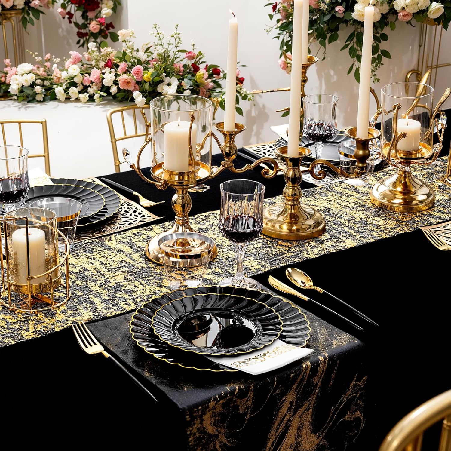 Ciaell 175 PCS Black Scalloped Plastic Plates with Gold Trim - Black Plastic Silverware with Handle - Fancy High-End Dinnerware Sets for Wedding & Party - Image 7