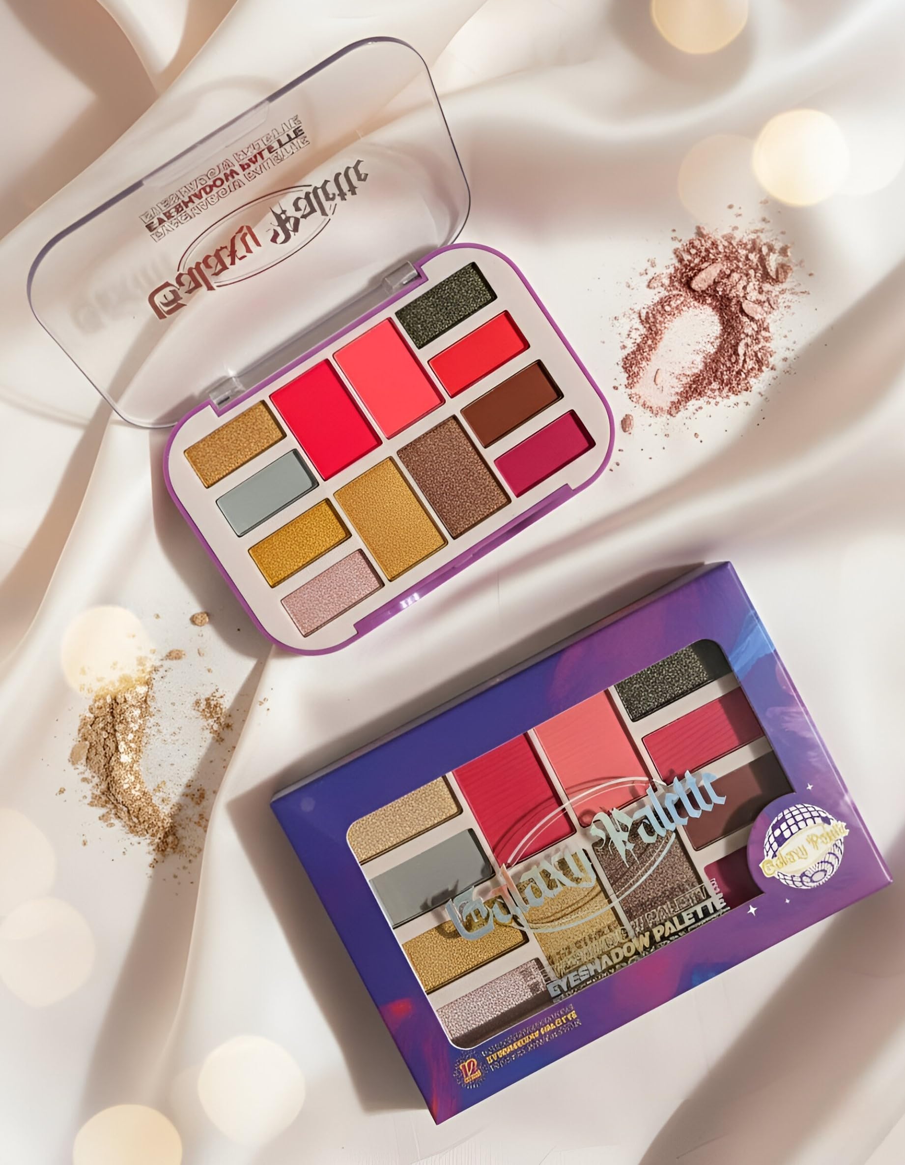 Galaxy Themed 12 Eyeshadow Palette With Blush | Multicolor Shimmer and Matte Finish Face Makeup Kit | Perfect for Party Glam, and Creative Eye Looks | Highly Pigmented Buttery Texture | Universal Colors for Fair to Deep Skin Tones | Easy to Blend Formula-image-2