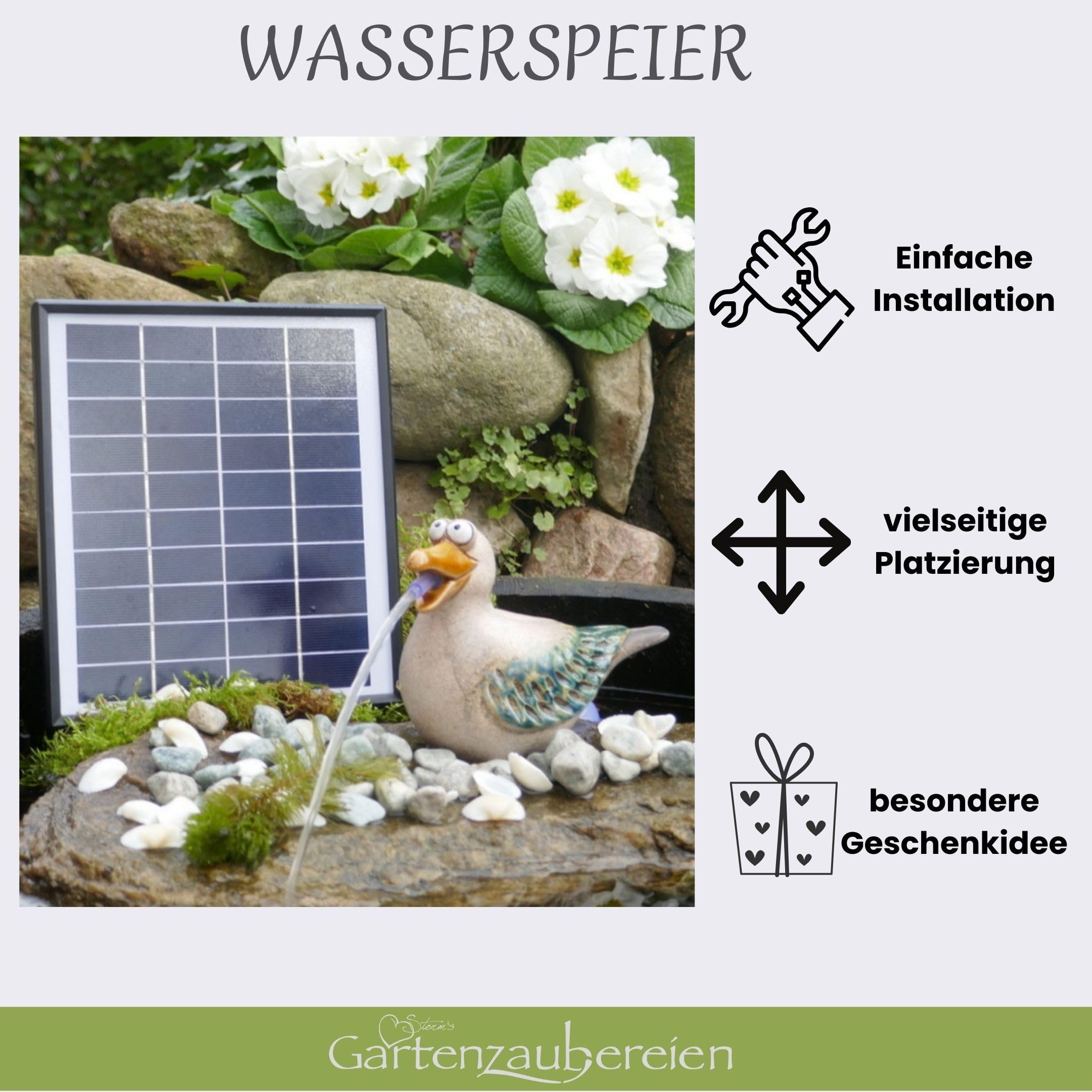 Storm's Gartenzaubereien Wasserspeier mit Akku - Solarpumpe Möwe für Teiche - Miniteiche - Keramik Tierfigur mit Akku-Pumpe - Maritime Deko für Garten und Balkon, Solarbrunnen