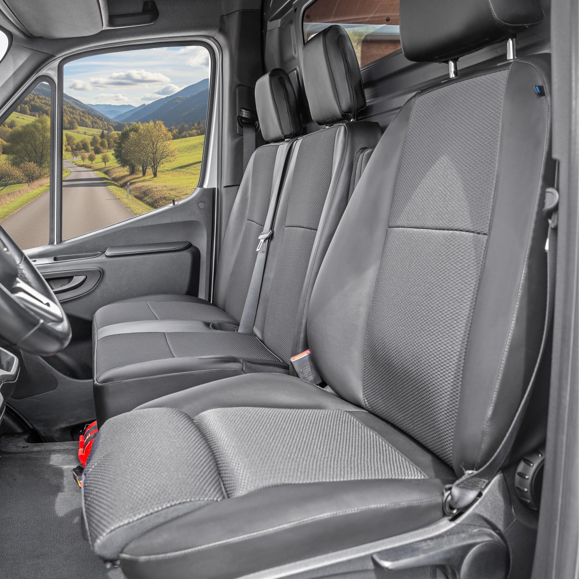 Premium-Passform Schonsitzbezug für Mercedes-Benz Sprinter 907 – Set Fahrersitz & Doppelbeifahrersitz, Komfortausstattung, mit Airbagfunktion, robuste Sitzbezüge in Schwarz – Made in Germany