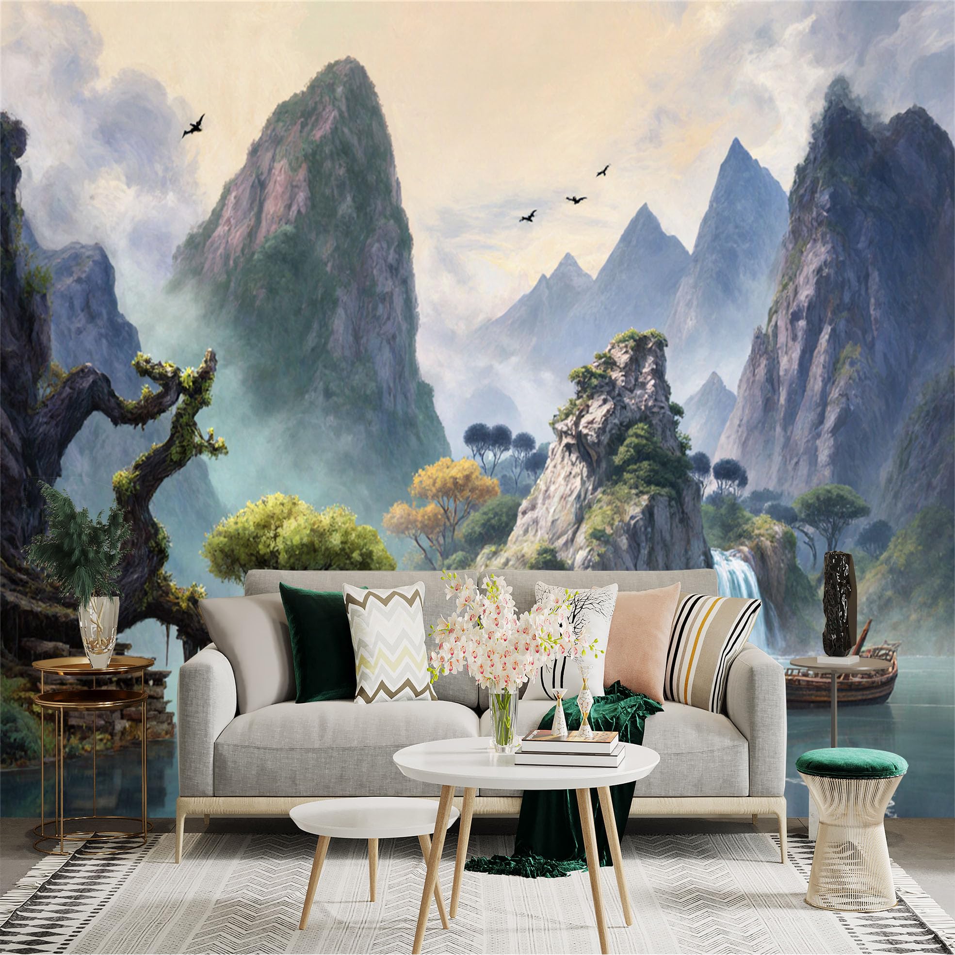 Custom Size Wall Sticker Mural， Misty Mountains with Waterfall， Lake and Wooden Boat， for wall Decoration， peelandstick wall Decals.