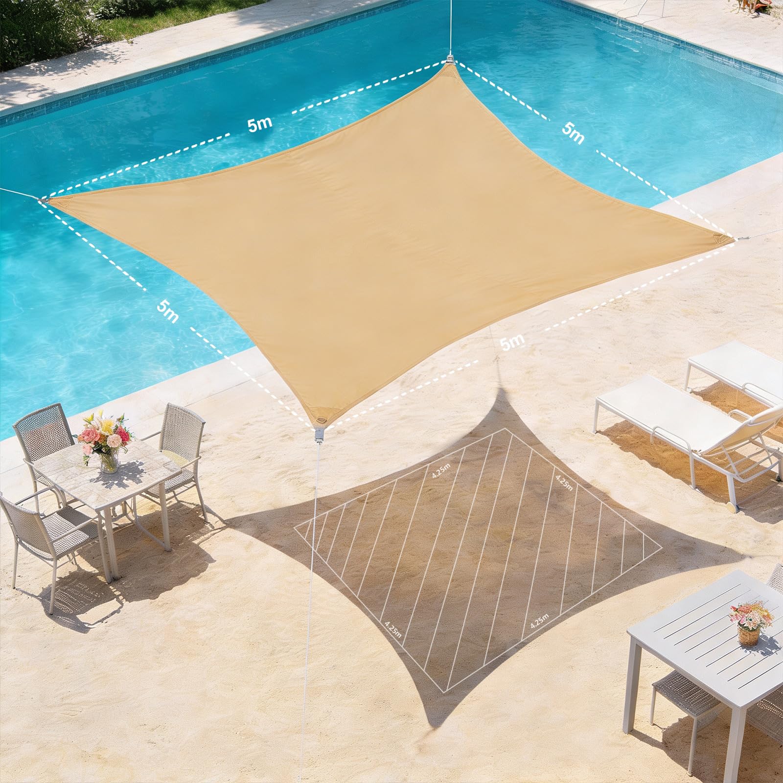 HAIKUS Voile d'ombrage Imperméable Carré 5x5m, Toile Ombrage PES Résistant à l'eau, Filet dombrage 5m Résistant 98% Protection Rayons UV pour Patio Jardin Terrasse Camping Extérieur, Sable 5x5