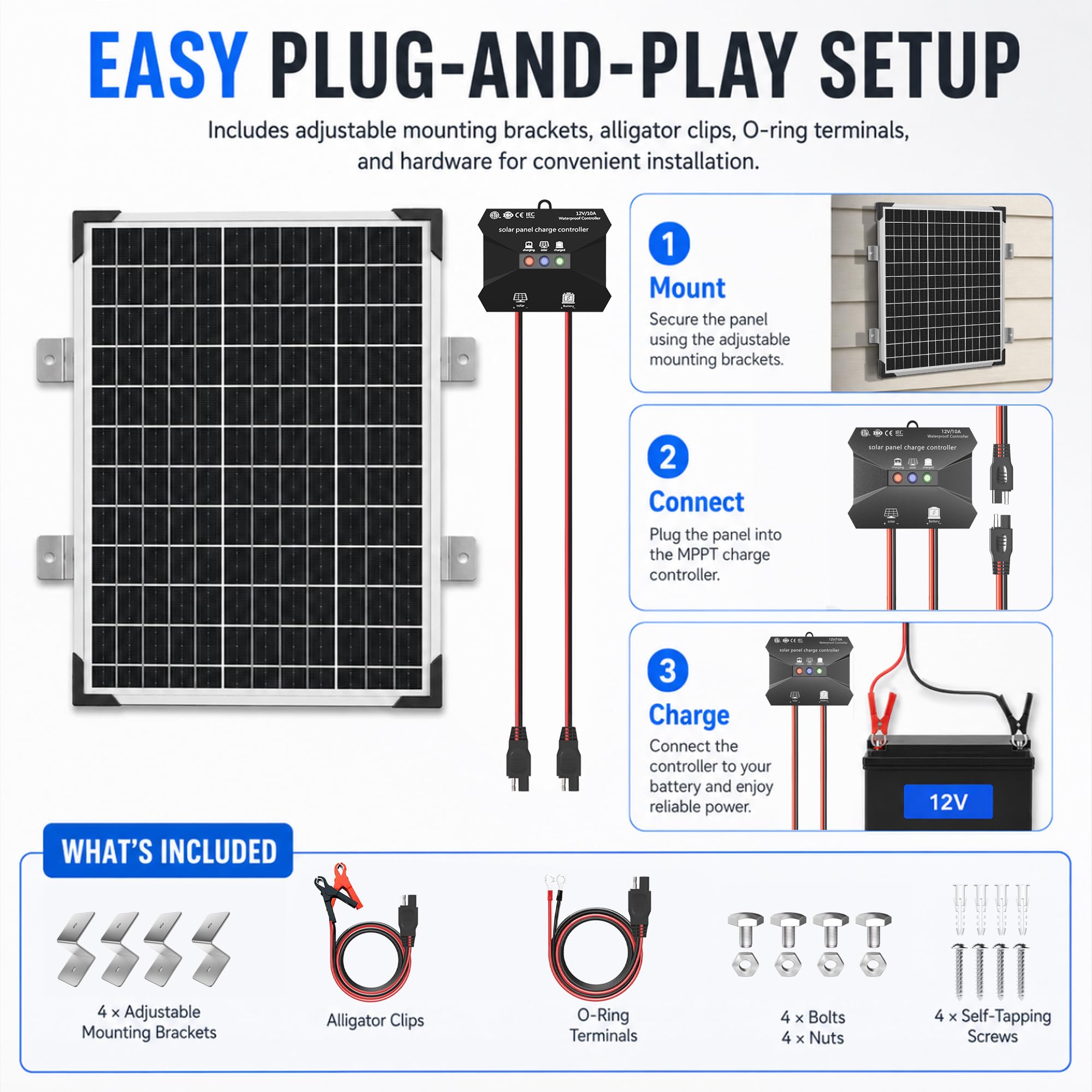 Voltset 50 W 12 V Solarpanel-Set, Erhaltungsladegerät für monokristalline Solarbatterien + Upgrade auf 10 A MPPT-Laderegler + Z-förmige Halterung für Auto, Wohnmobil, Boot, Motorrad, Toröffner