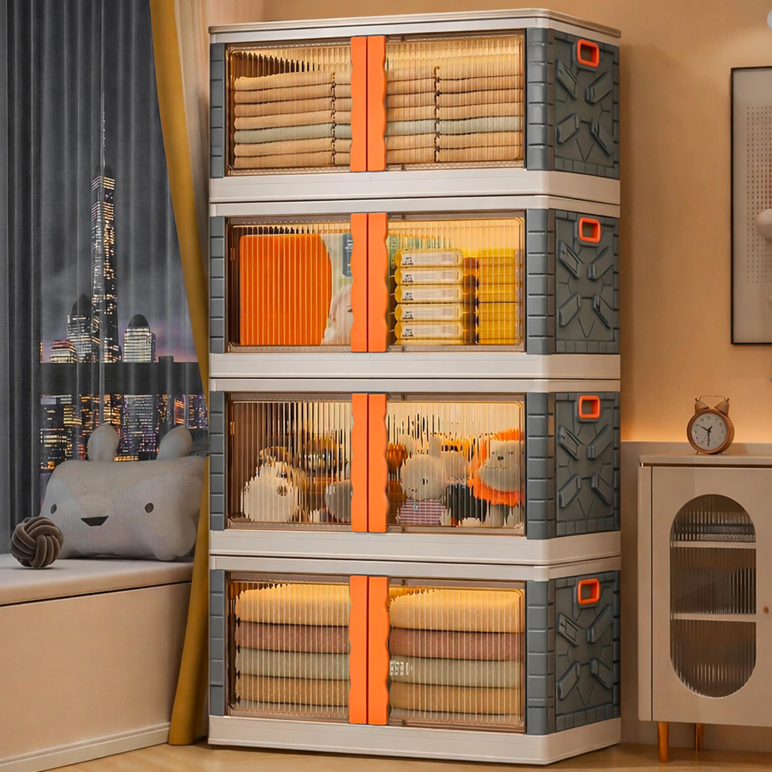 BAMEOS 𝟒 𝐋𝐀𝐘𝐄𝐑 Foldable Plastic Storage Cabinet with Double Transparent Doors | Dustproof Storage Organizer for Clothes, Toys, Books & Baby Essentials | Multipurpose Wardrobe Storage for Home-image-44