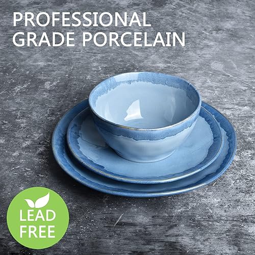 Miniatura 2 de Bosmarlin Juego de vajilla de cerámica, servicio para 4, 12 piezas, apto para microondas y lavavajillas, esmalte reactivo (azul verde)