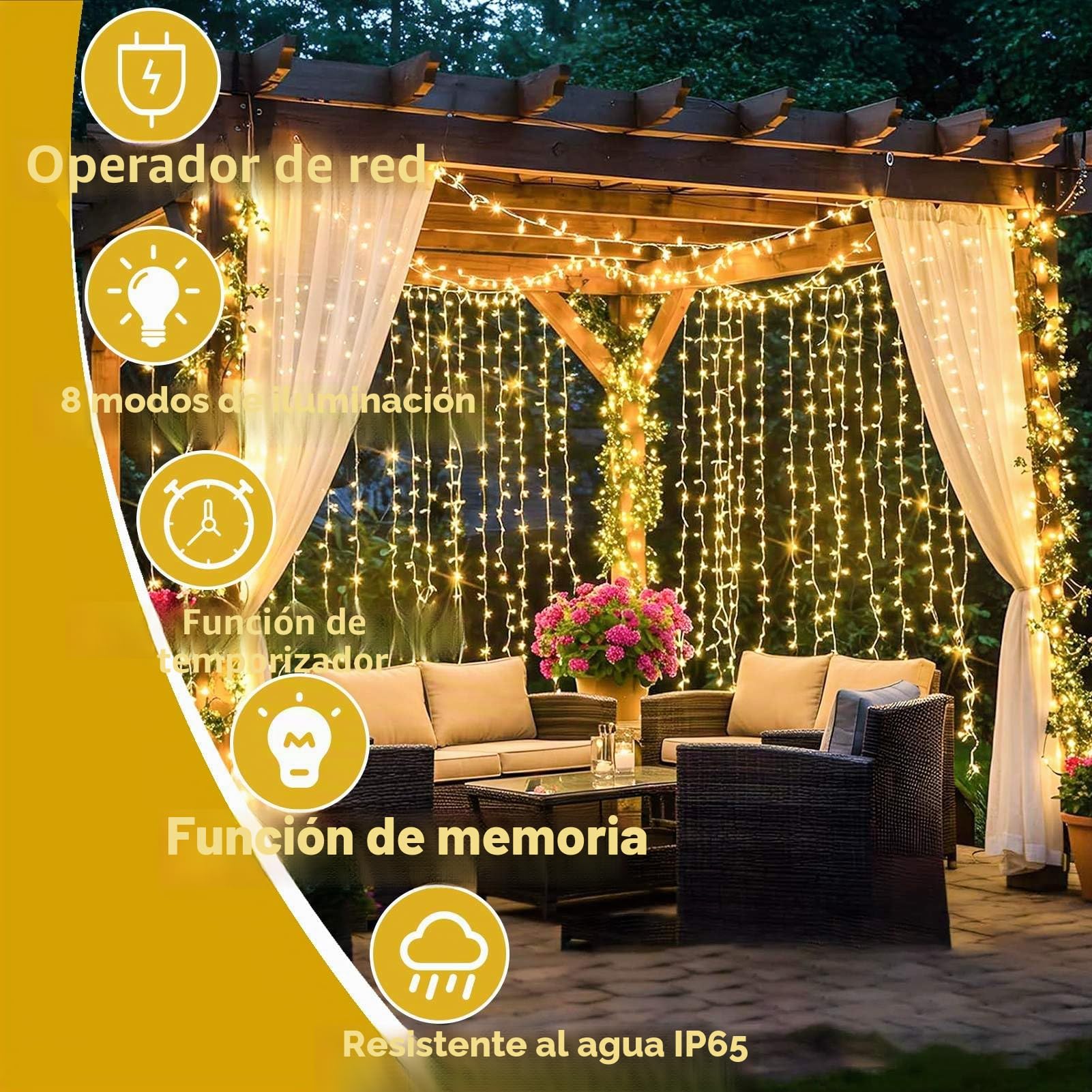 Joycome Cortina de Luces, 6x3m 600 LED Cascada Luces con Enchufe, 8 Modos Decoración Boda Impermeable Cortina de Luz para Balcon Jardín Fiesta Pared Techo Habitacion Interior Exterior - Blanco Cálido