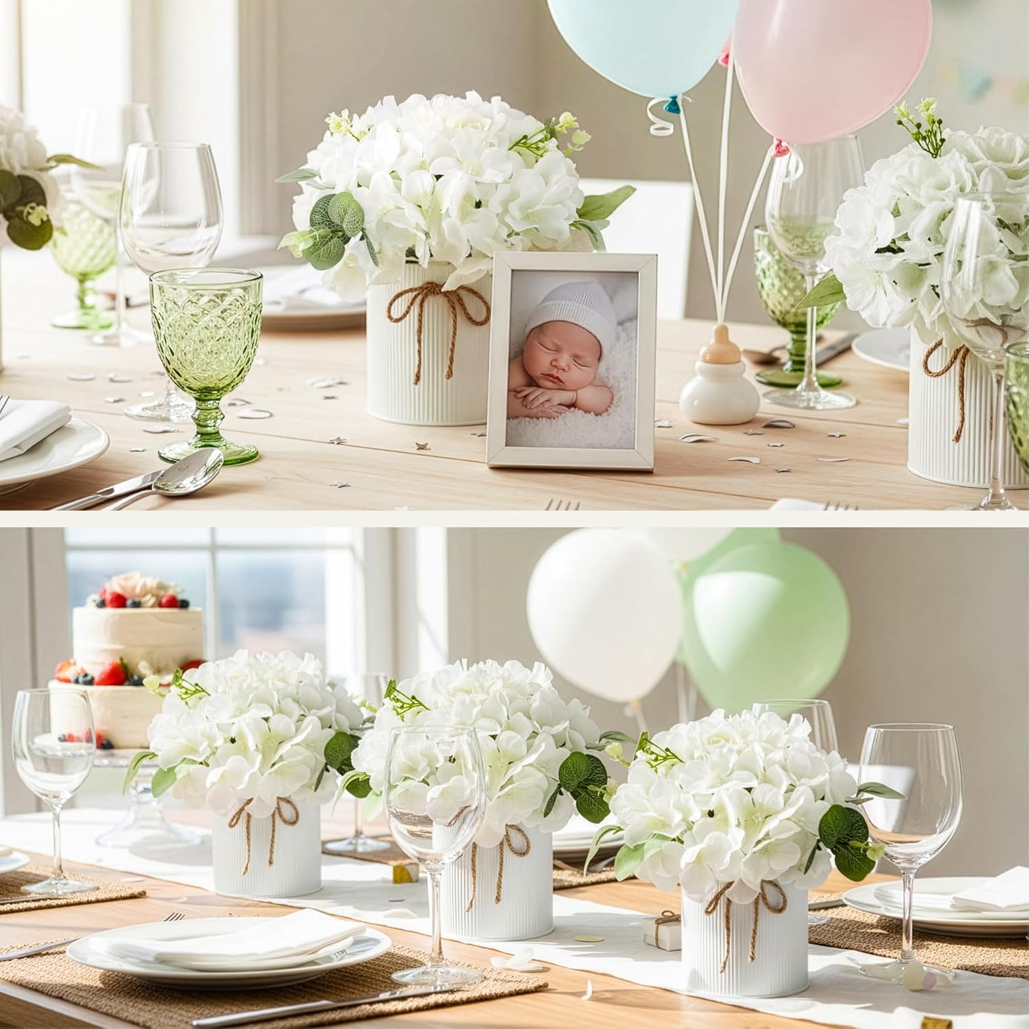 Auihiay 10PCS Flower Centerpieces for Tables, Hydrangea Artificial Flowers with Metal Vase, Artificial Rose Baby's Breath Flower Bouquets for Spring Wedding Bridal Tea Party Table Home Reception Decor